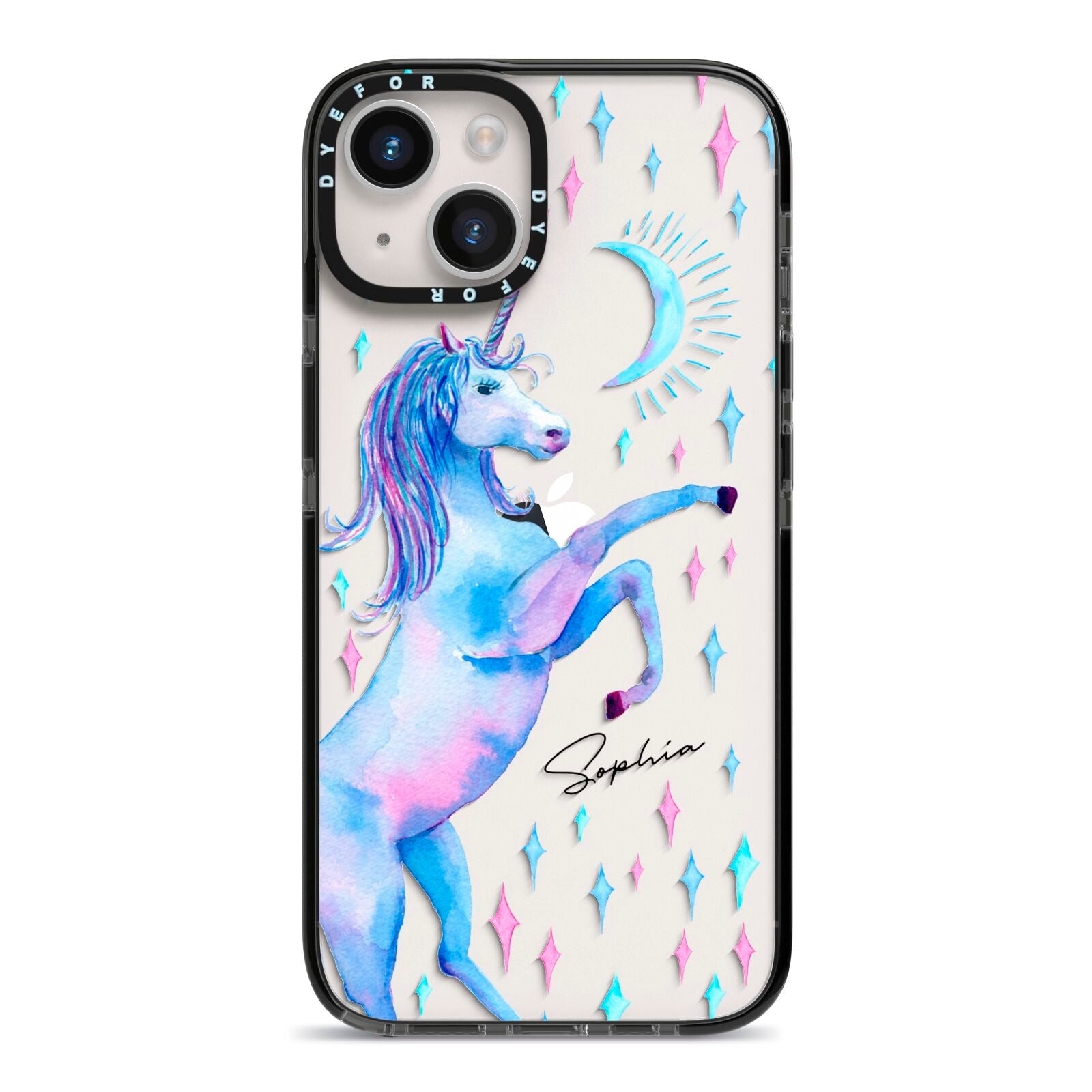 Personalised Unicorn Name iPhone 14 Black Impact Case on Silver phone
