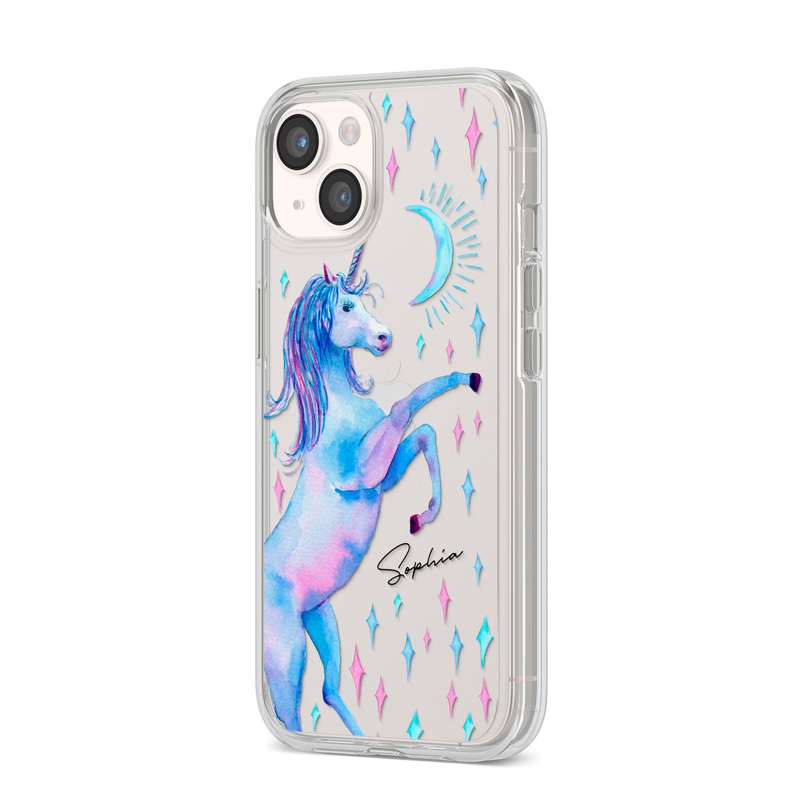 Personalised Unicorn Name iPhone 14 Clear Tough Case Starlight Angled Image