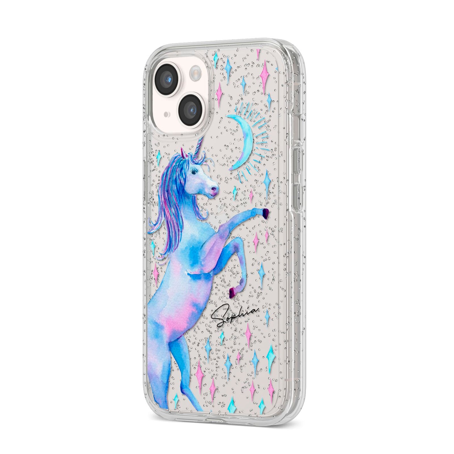Personalised Unicorn Name iPhone 14 Glitter Tough Case Starlight Angled Image