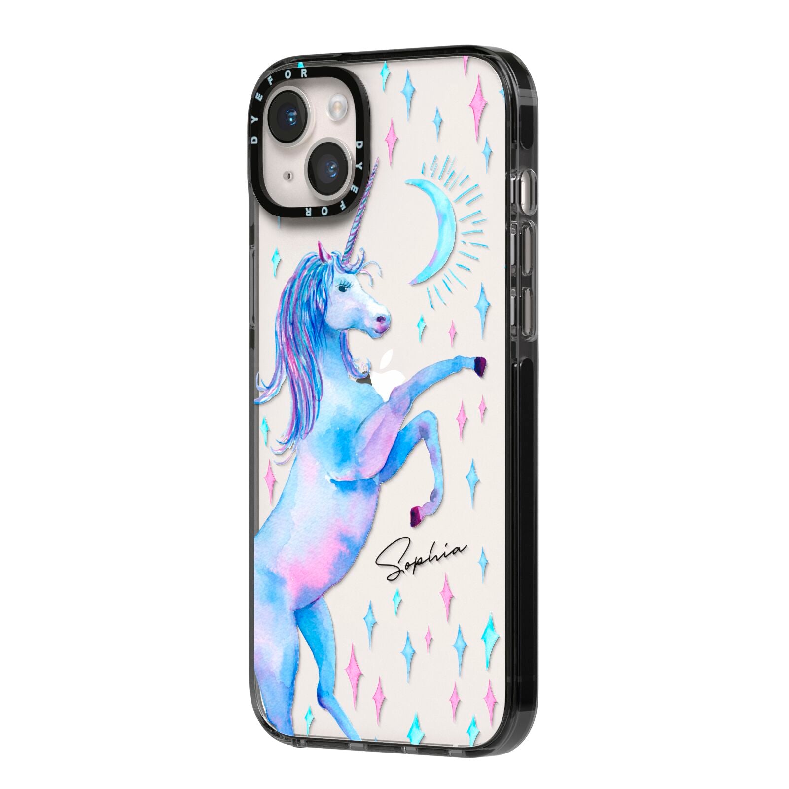 Personalised Unicorn Name iPhone 14 Plus Black Impact Case Side Angle on Silver phone