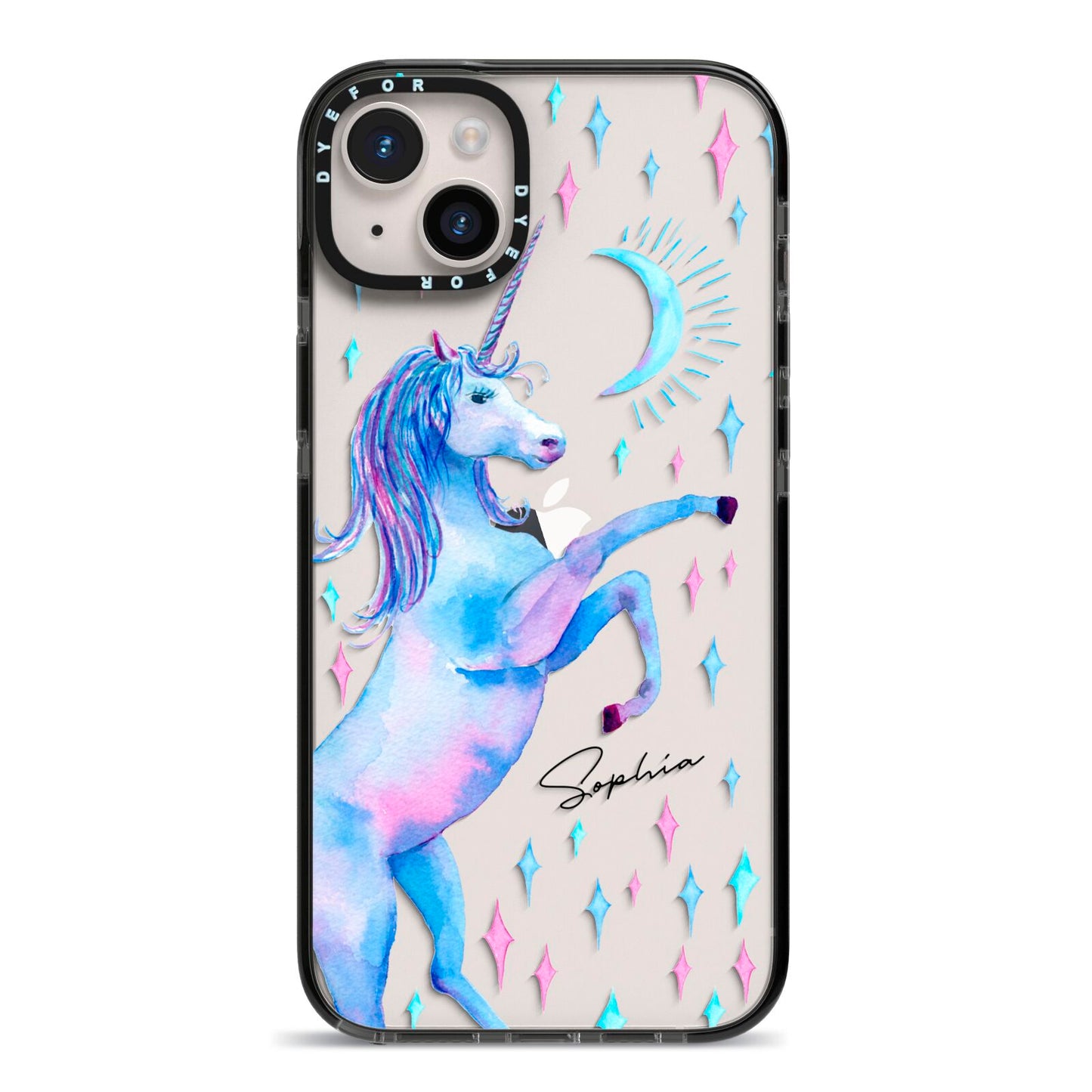 Personalised Unicorn Name iPhone 14 Plus Black Impact Case on Silver phone