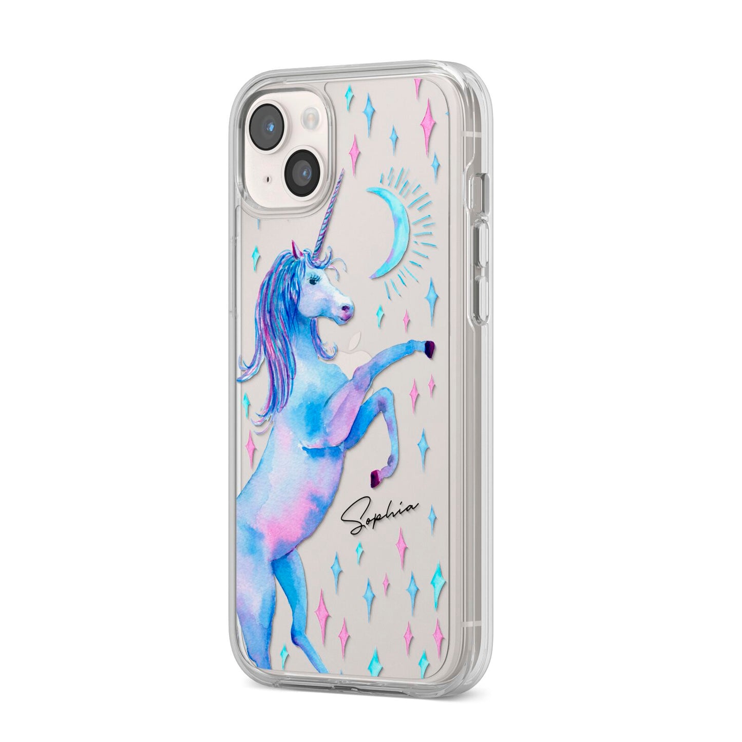Personalised Unicorn Name iPhone 14 Plus Clear Tough Case Starlight Angled Image
