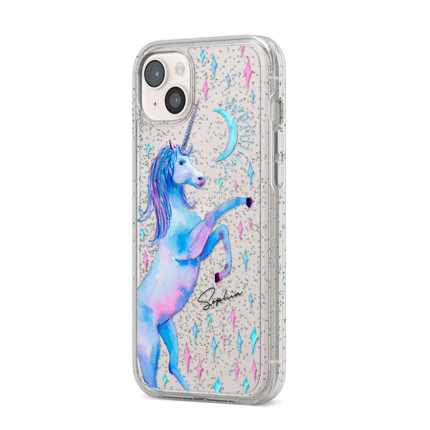 Personalised Unicorn Name iPhone 14 Plus Glitter Tough Case Starlight Angled Image