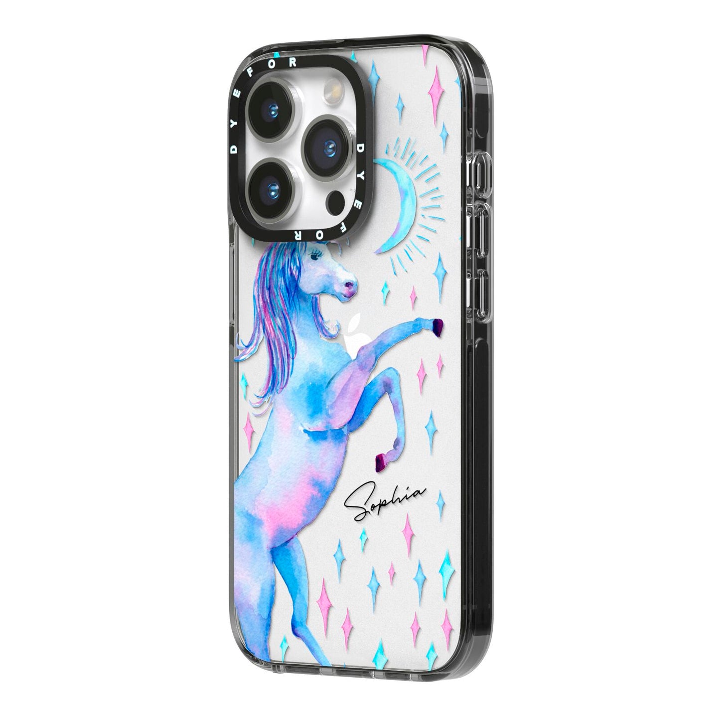Personalised Unicorn Name iPhone 14 Pro Black Impact Case Side Angle on Silver phone