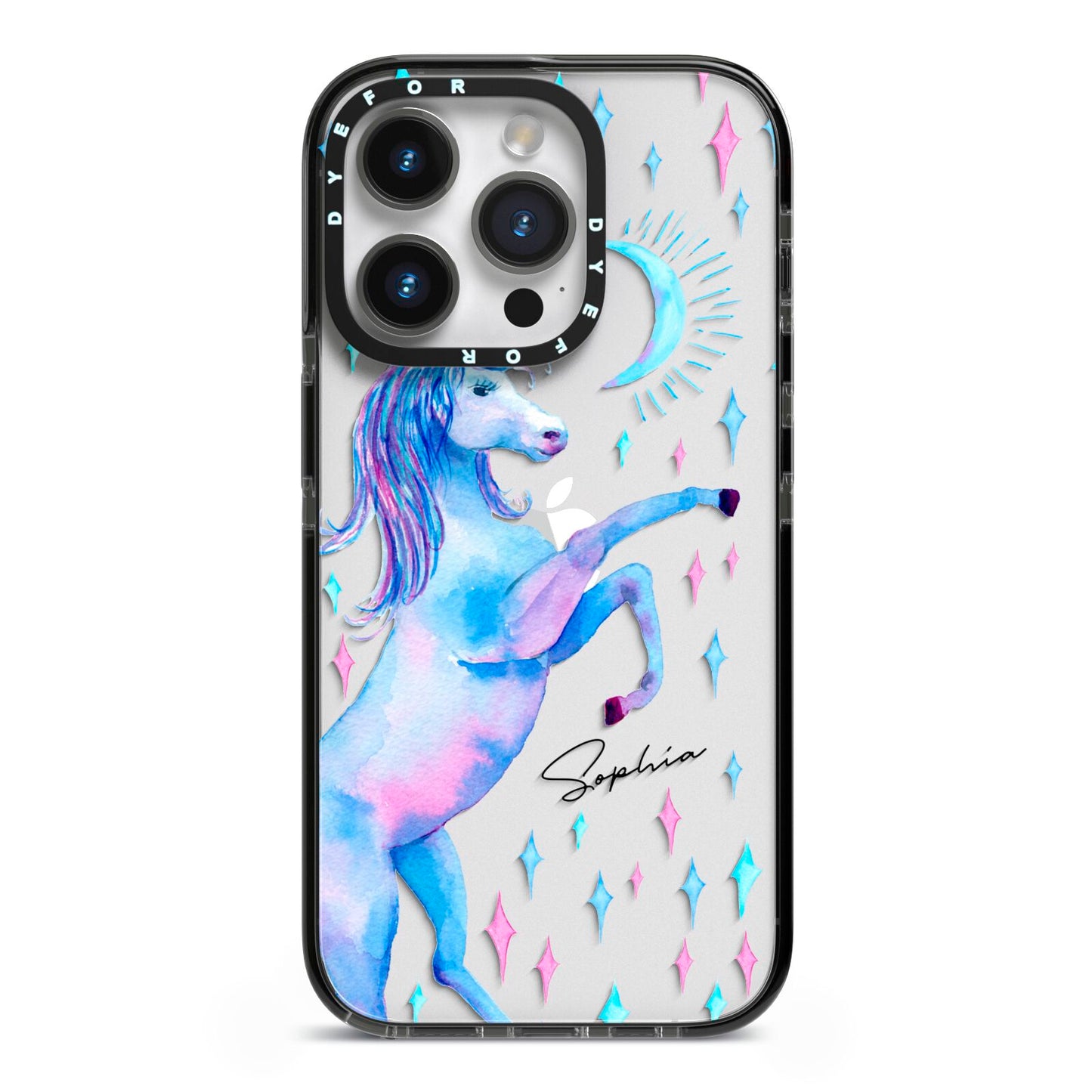 Personalised Unicorn Name iPhone 14 Pro Black Impact Case on Silver phone