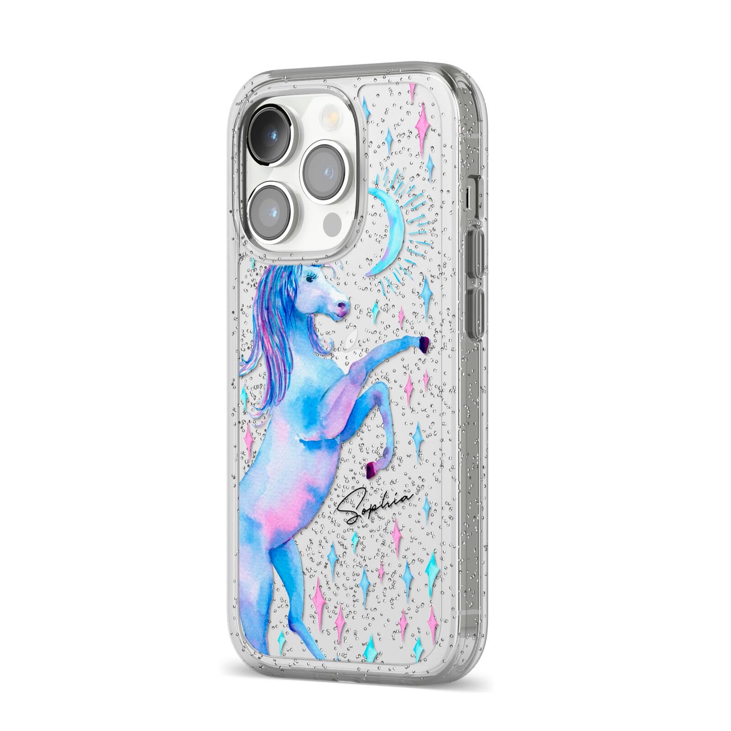 Personalised Unicorn Name iPhone 14 Pro Glitter Tough Case Silver Angled Image