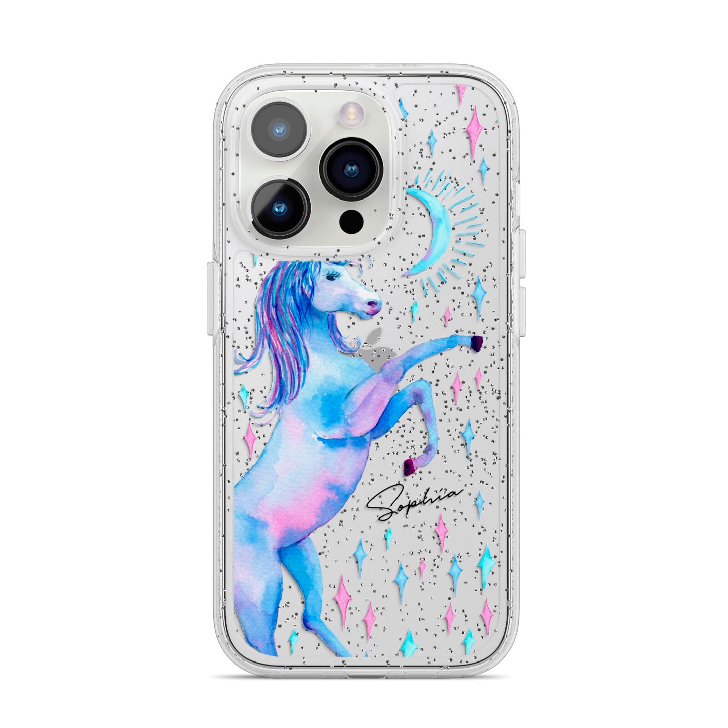 Personalised Unicorn Name iPhone 14 Pro Glitter Tough Case Silver