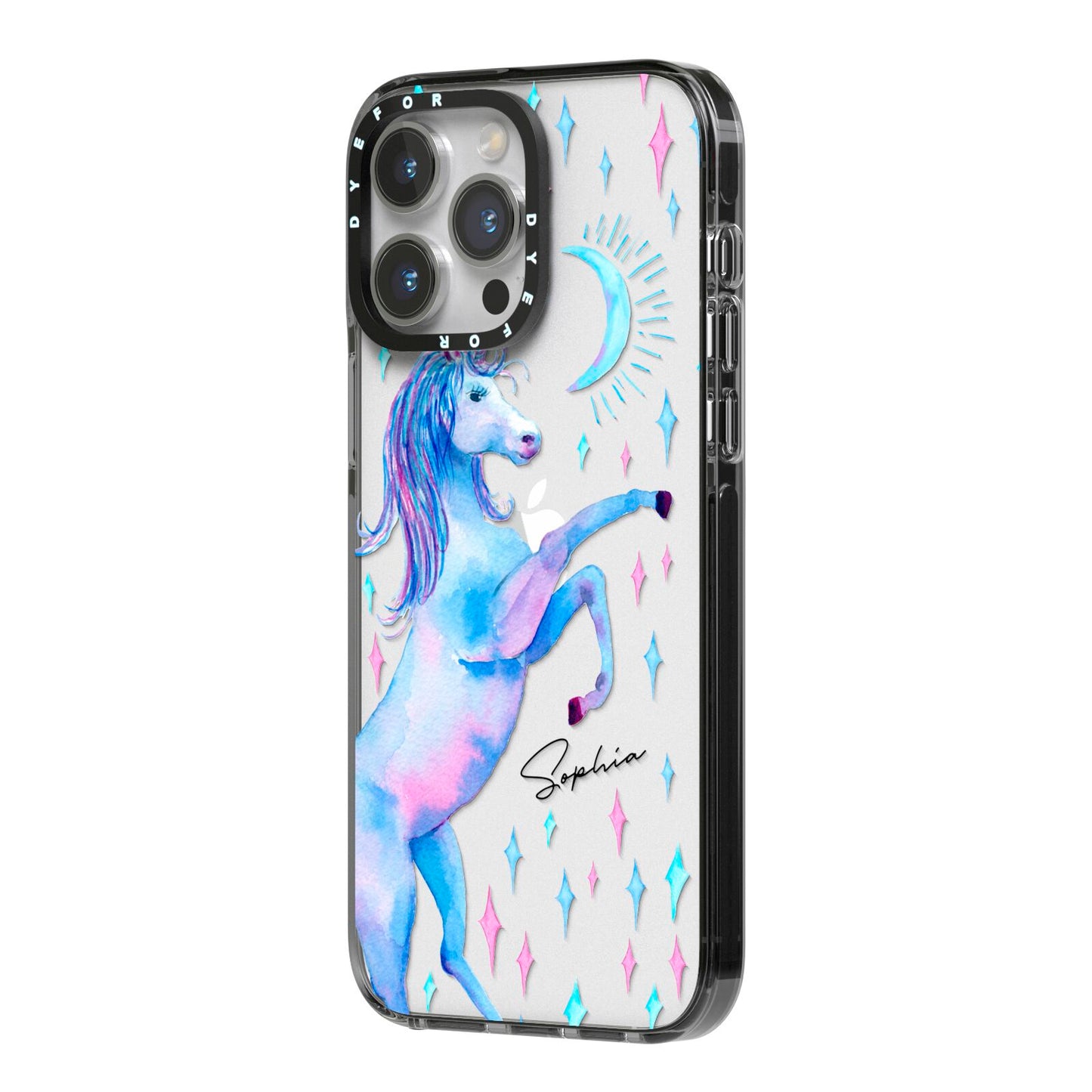 Personalised Unicorn Name iPhone 14 Pro Max Black Impact Case Side Angle on Silver phone