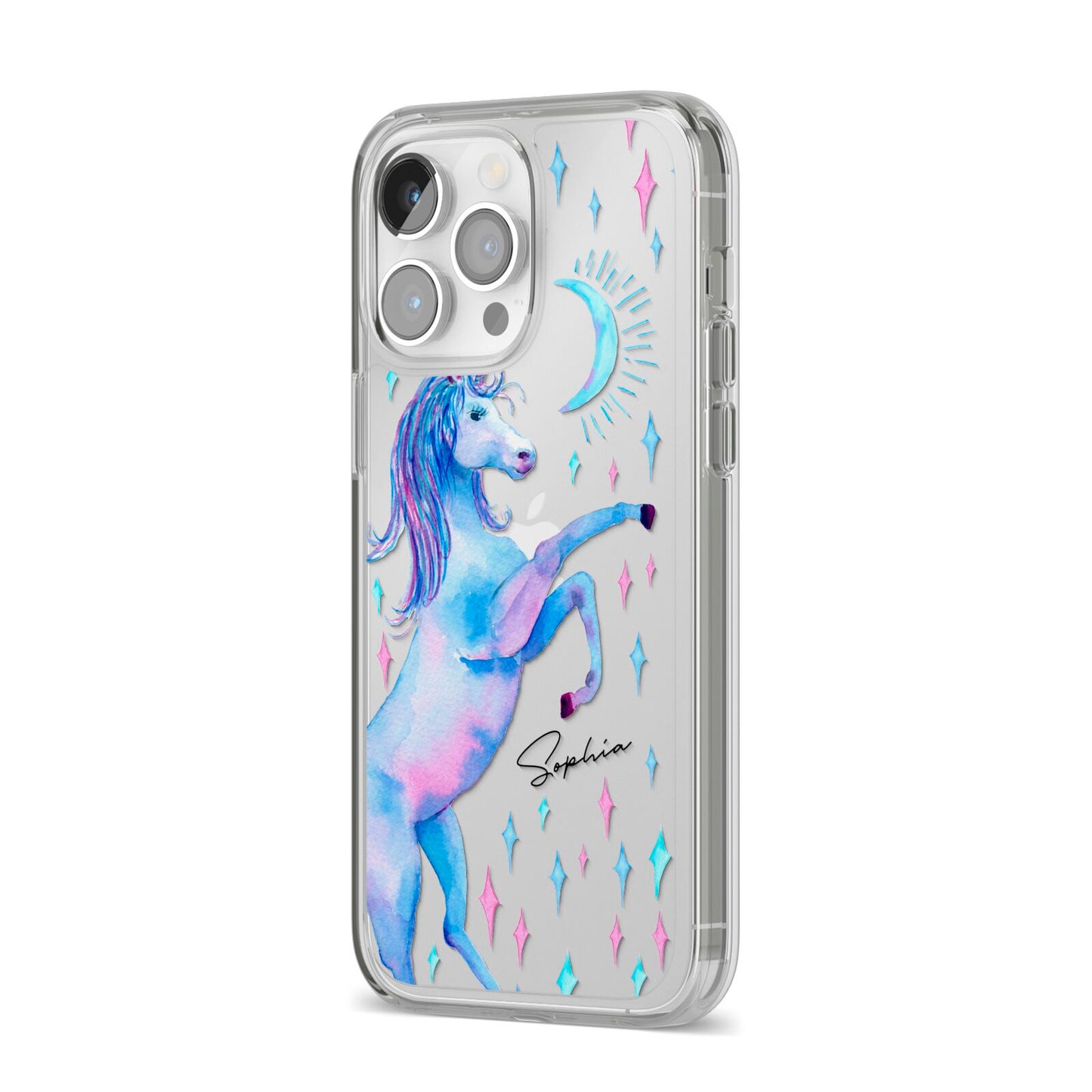 Personalised Unicorn Name iPhone 14 Pro Max Clear Tough Case Silver Angled Image