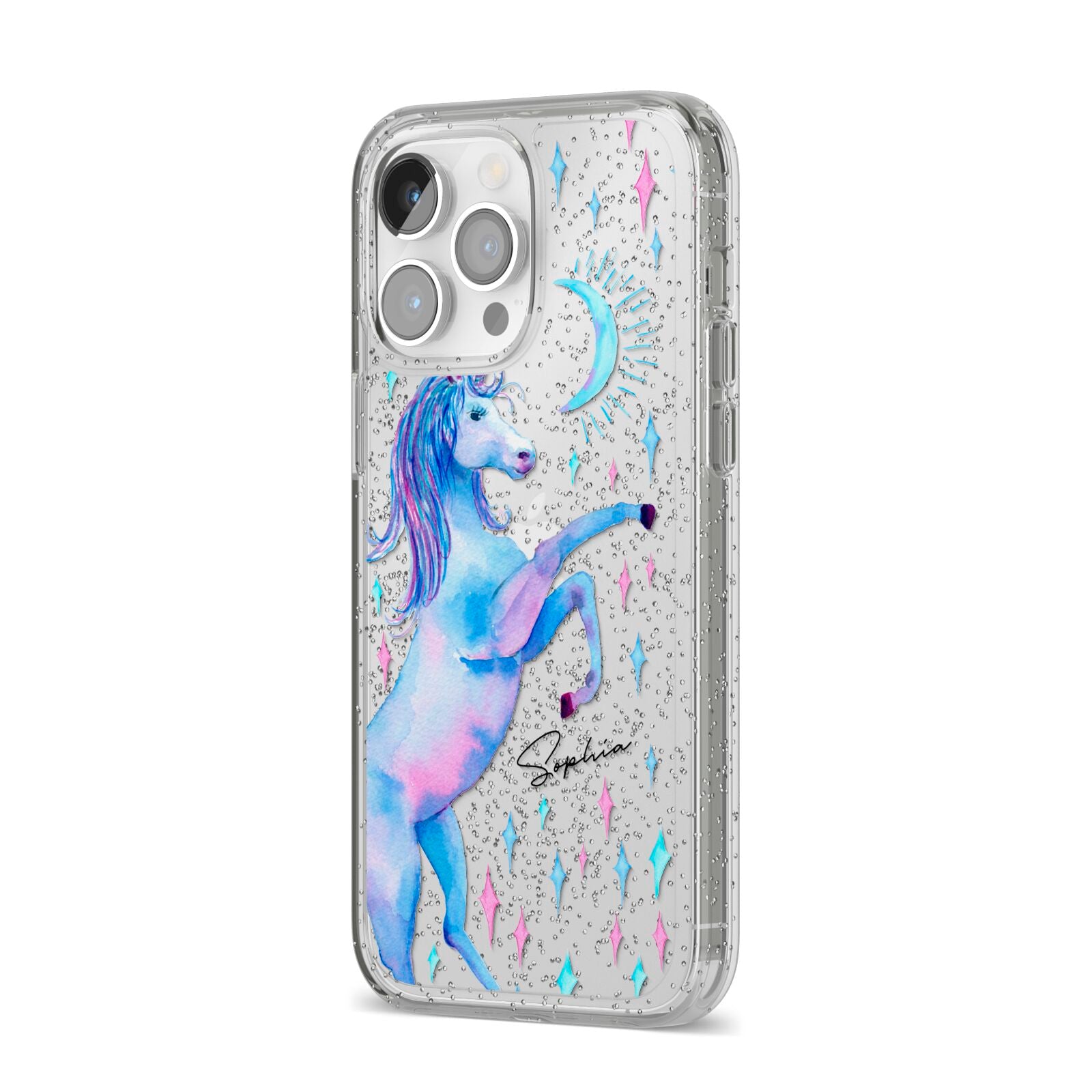 Personalised Unicorn Name iPhone 14 Pro Max Glitter Tough Case Silver Angled Image