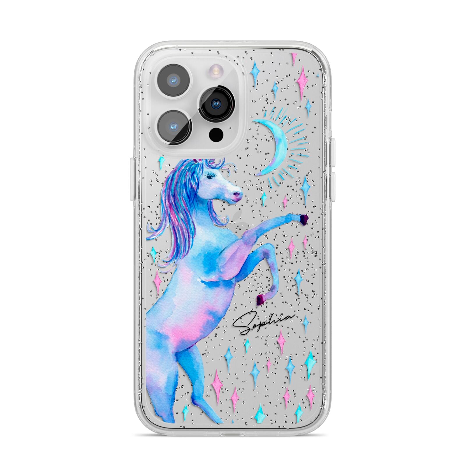 Personalised Unicorn Name iPhone 14 Pro Max Glitter Tough Case Silver