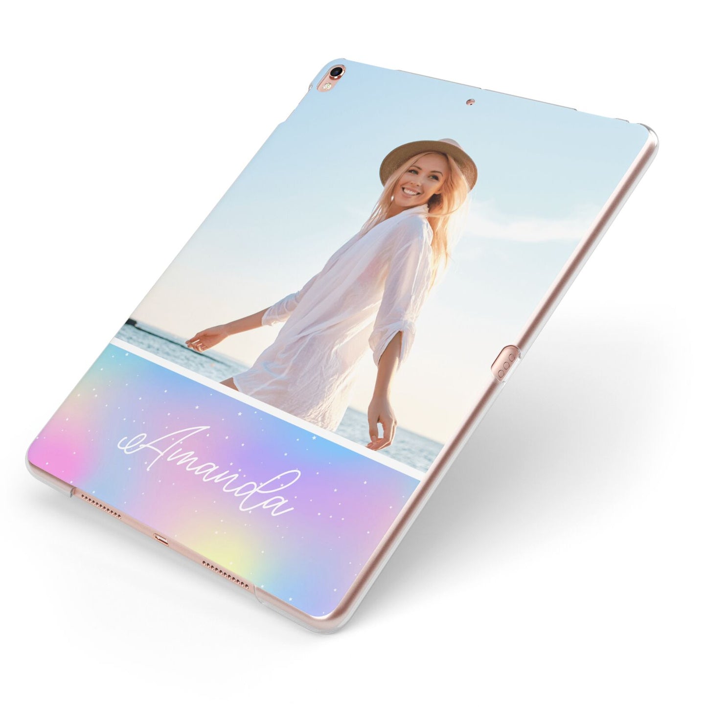 Personalised Unicorn Stars Photo Apple iPad Case on Rose Gold iPad Side View