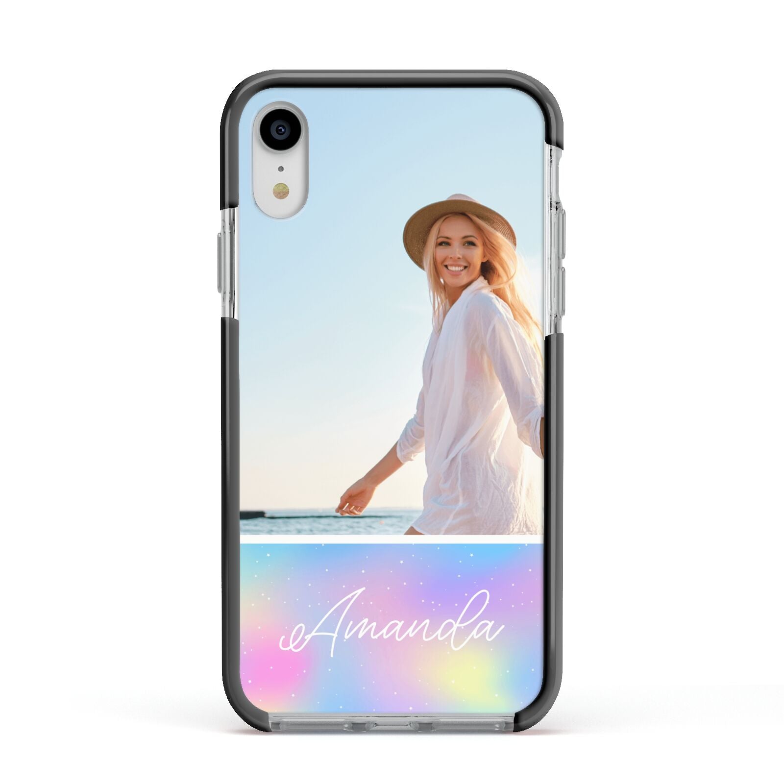 Personalised Unicorn Stars Photo Apple iPhone XR Impact Case Black Edge on Silver Phone