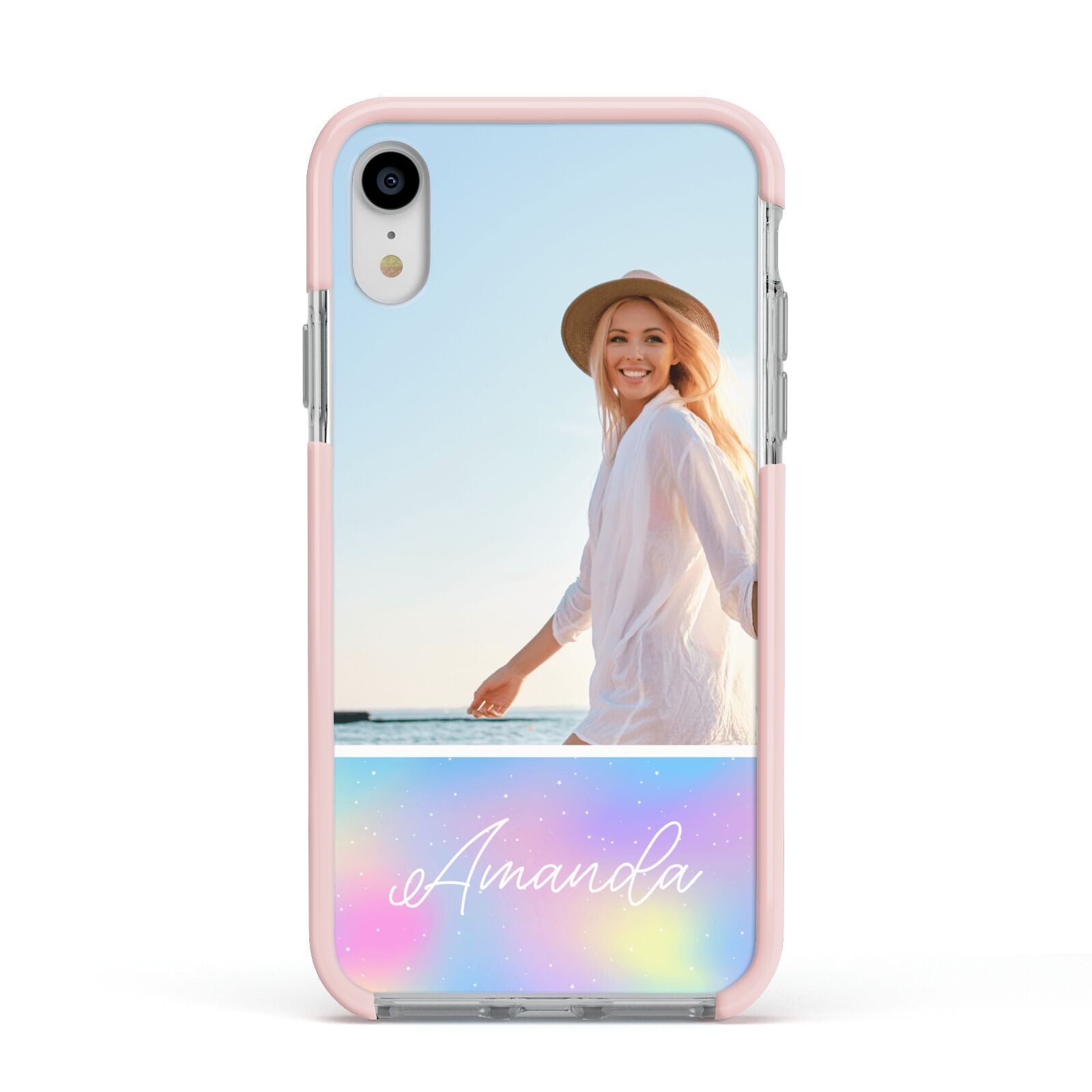Personalised Unicorn Stars Photo Apple iPhone XR Impact Case Pink Edge on Silver Phone