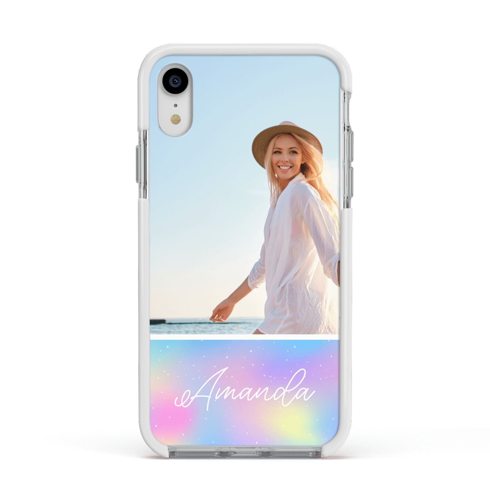 Personalised Unicorn Stars Photo Apple iPhone XR Impact Case White Edge on Silver Phone