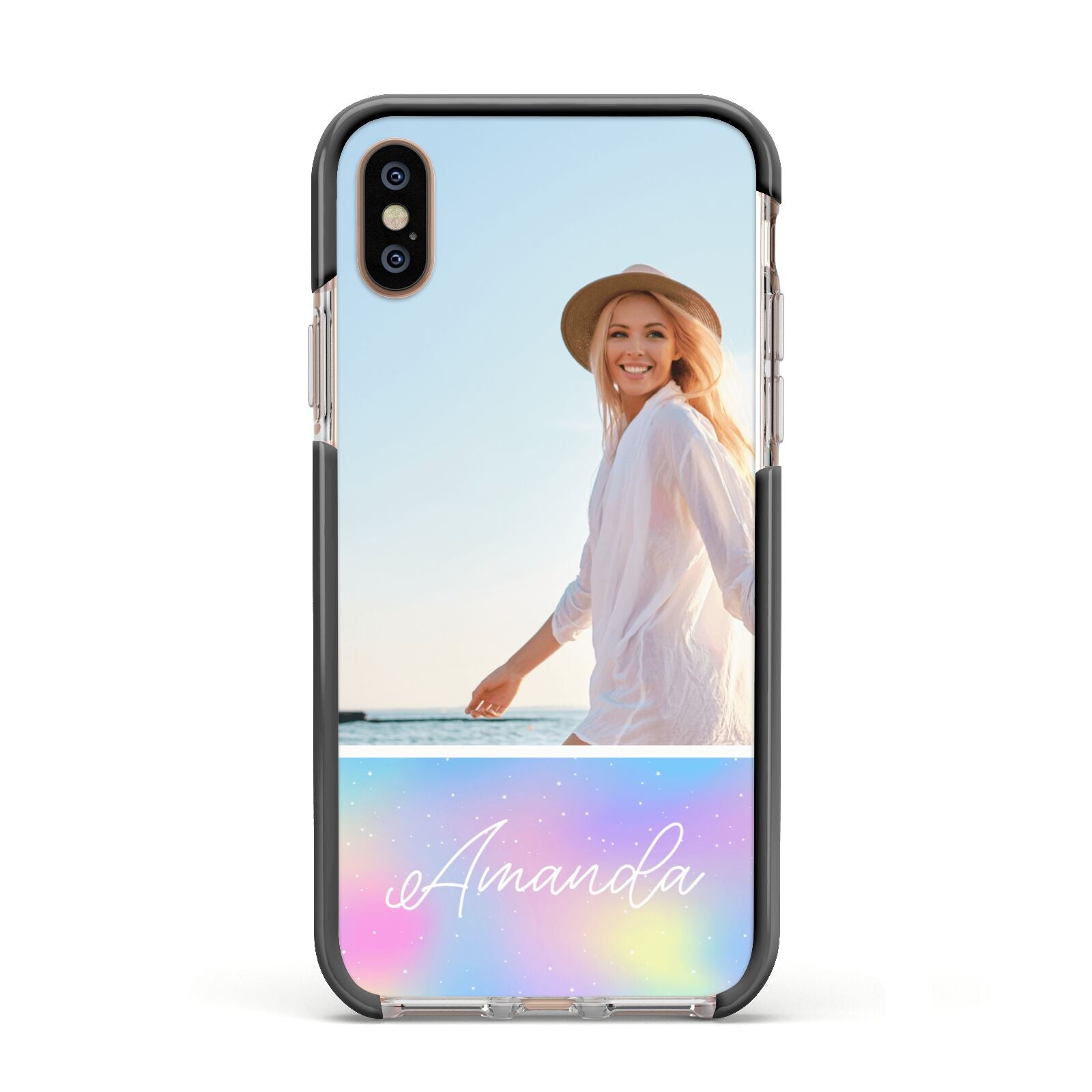 Personalised Unicorn Stars Photo Apple iPhone Xs Impact Case Black Edge on Gold Phone