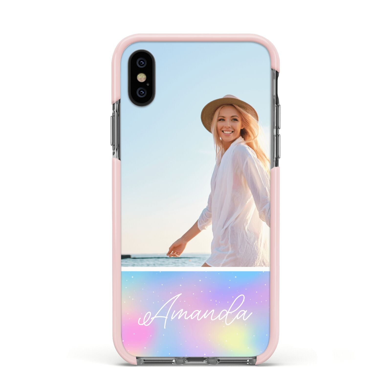 Personalised Unicorn Stars Photo Apple iPhone Xs Impact Case Pink Edge on Black Phone