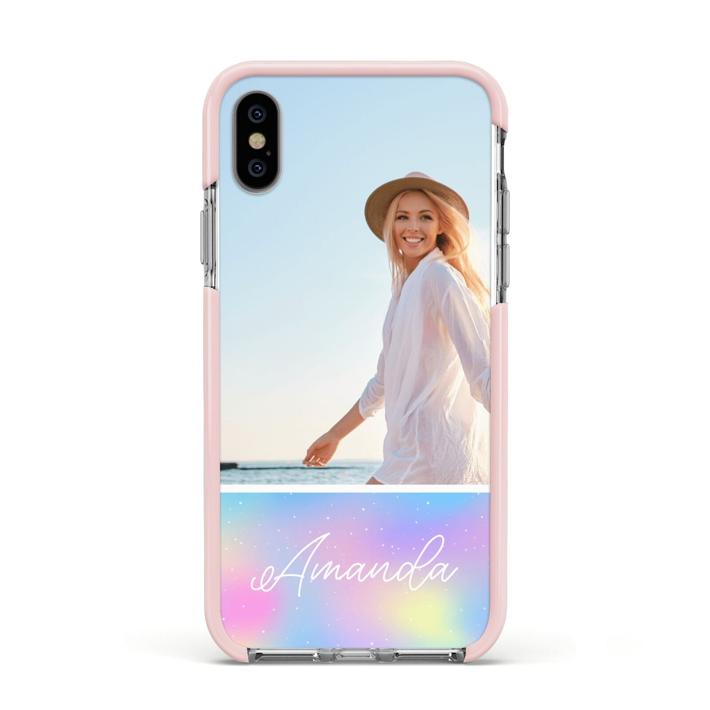 Personalised Unicorn Stars Photo Apple iPhone Xs Impact Case Pink Edge on Silver Phone