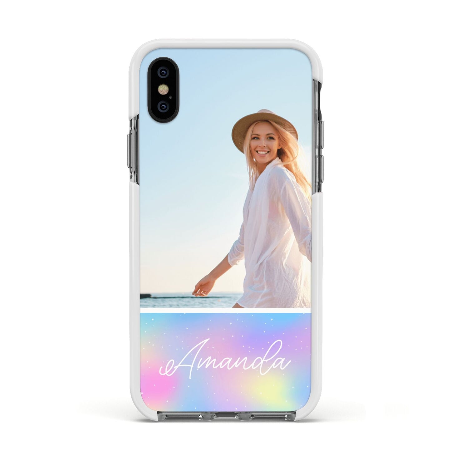 Personalised Unicorn Stars Photo Apple iPhone Xs Impact Case White Edge on Black Phone