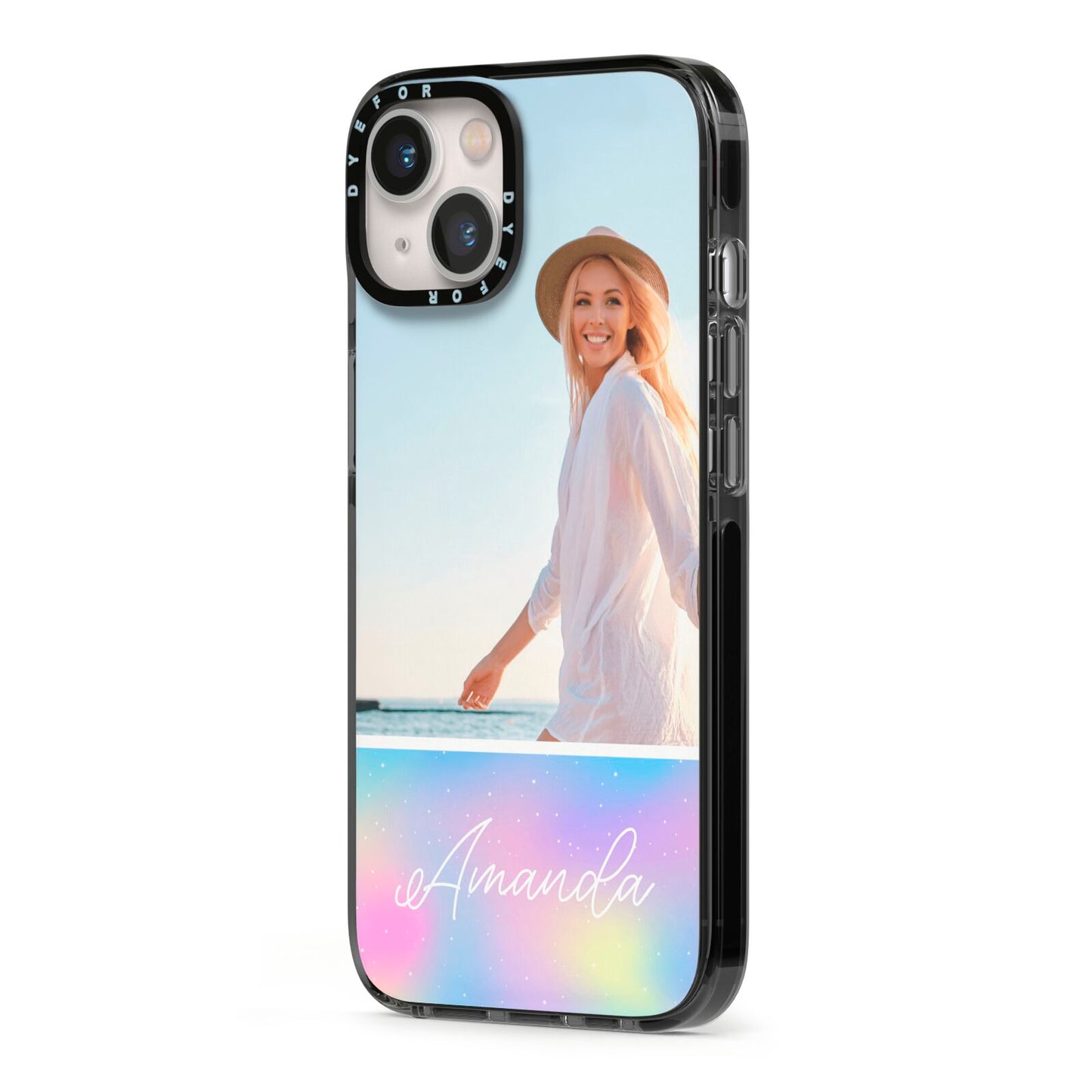 Personalised Unicorn Stars Photo iPhone 13 Black Impact Case Side Angle on Silver phone