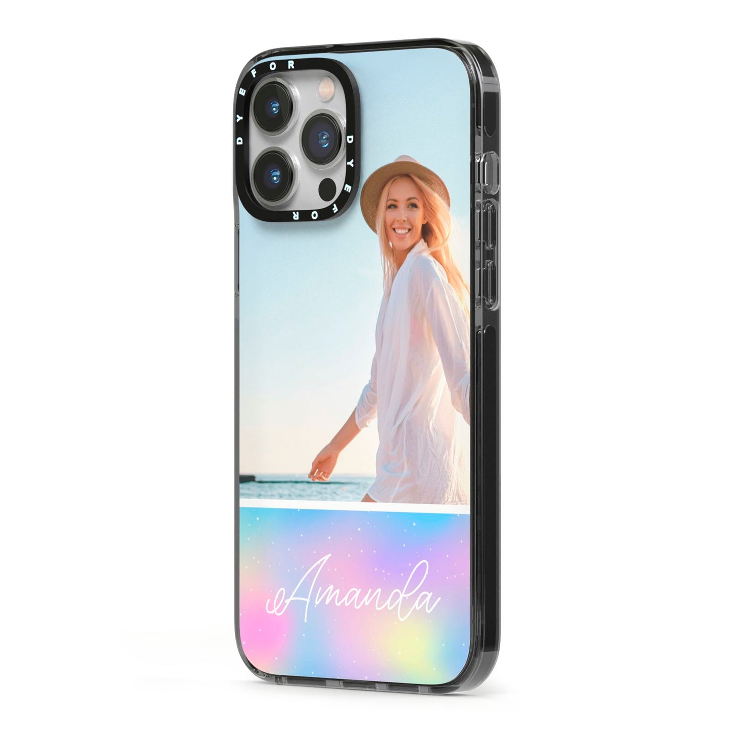 Personalised Unicorn Stars Photo iPhone 13 Pro Max Black Impact Case Side Angle on Silver phone