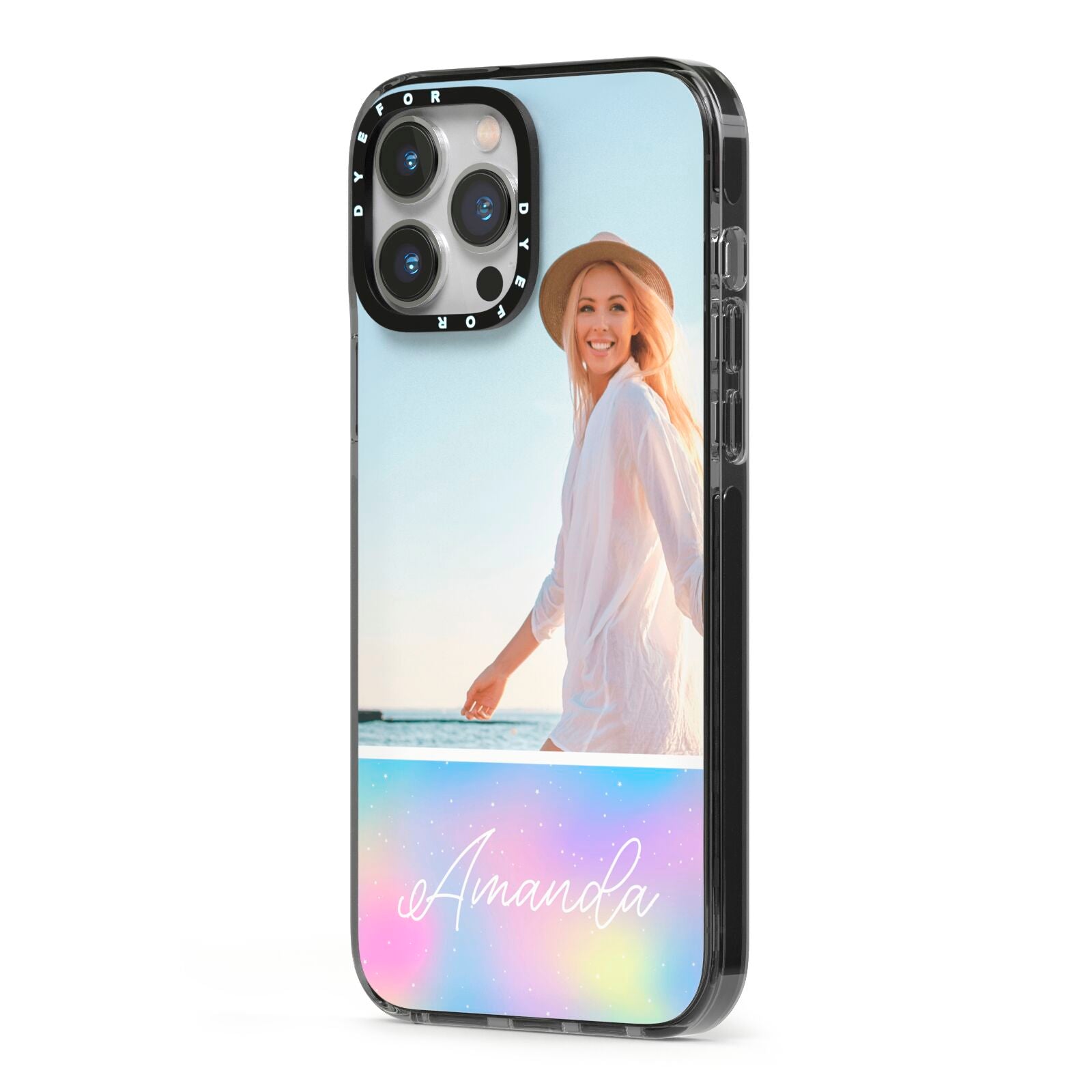 Personalised Unicorn Stars Photo iPhone 13 Pro Max Black Impact Case Side Angle on Silver phone