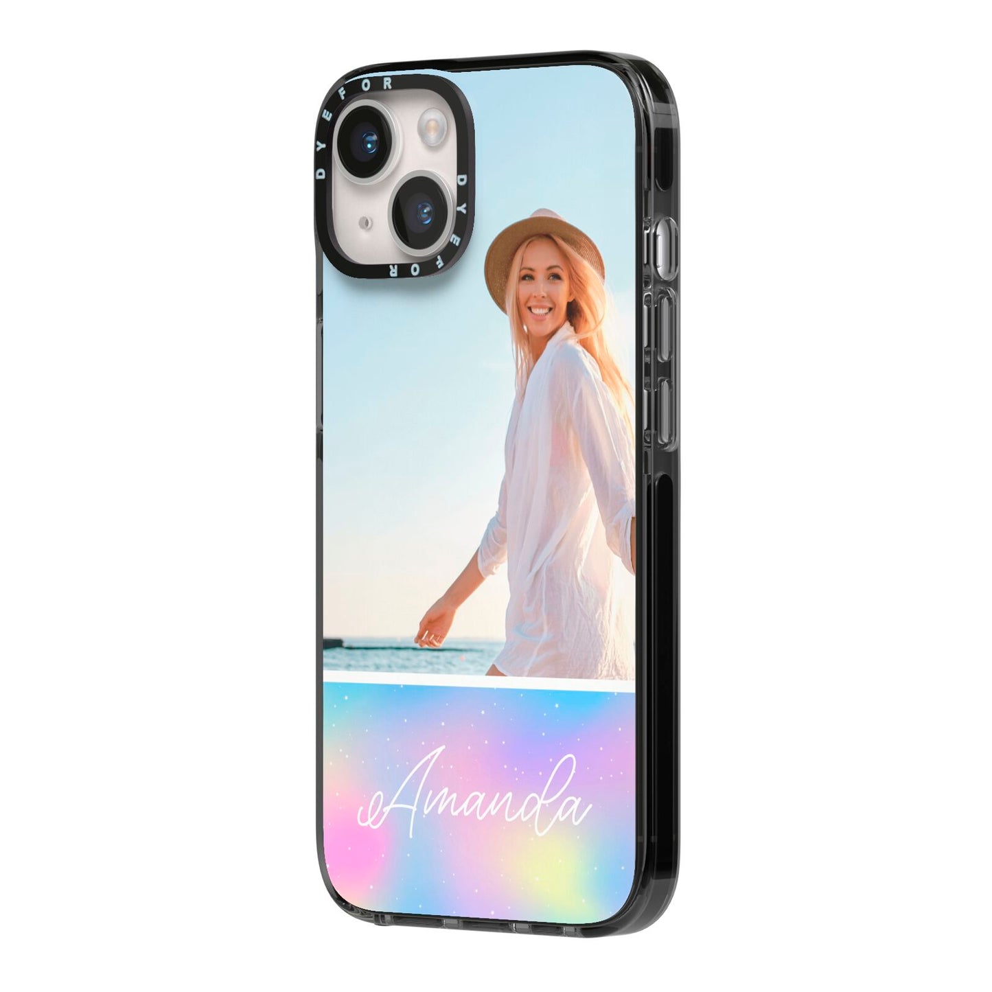 Personalised Unicorn Stars Photo iPhone 14 Black Impact Case Side Angle on Silver phone