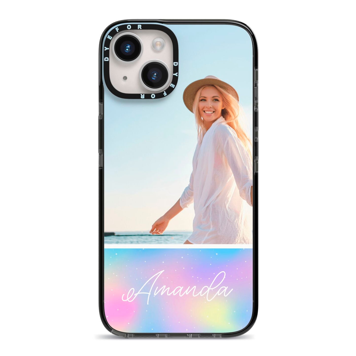 Personalised Unicorn Stars Photo iPhone 14 Black Impact Case on Silver phone