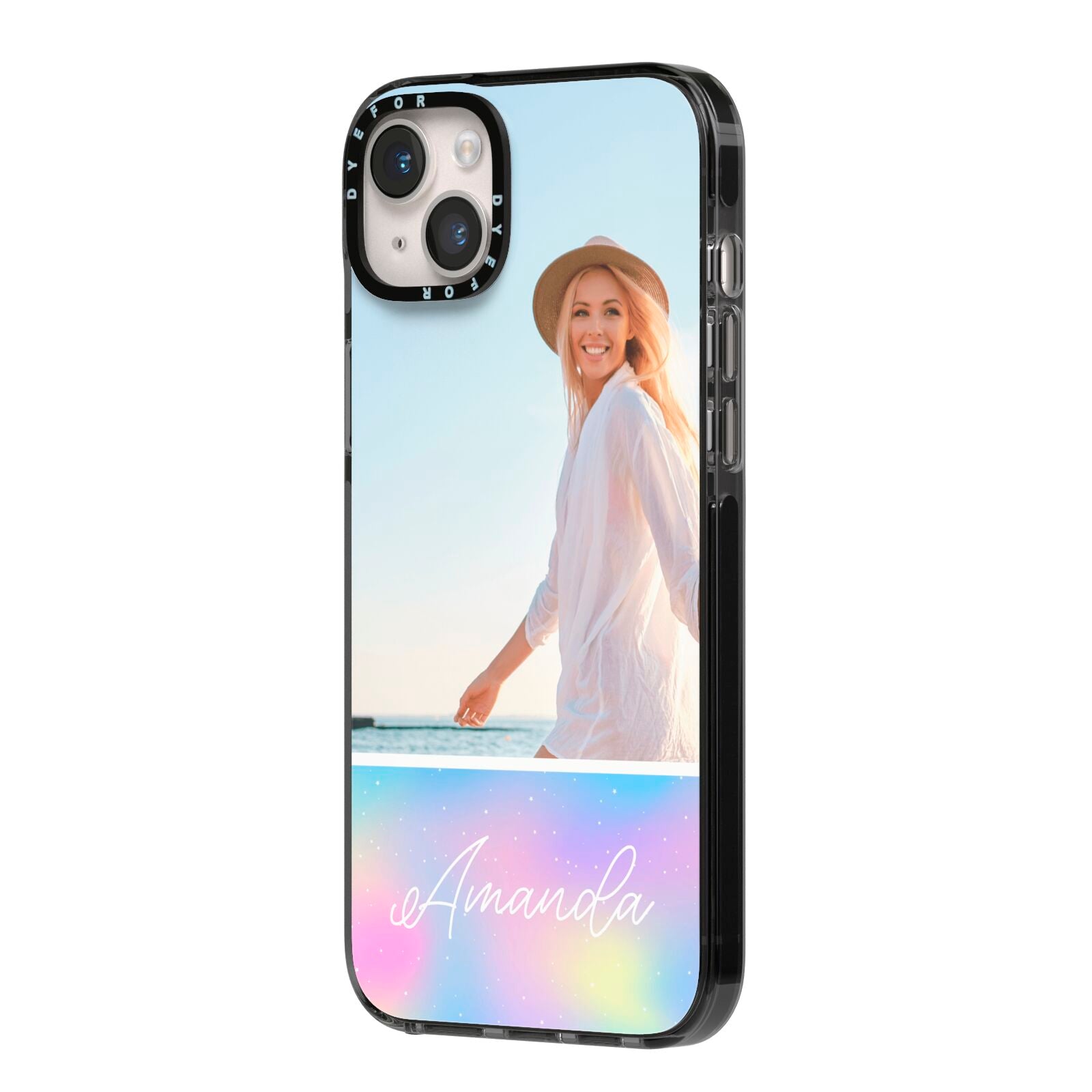 Personalised Unicorn Stars Photo iPhone 14 Plus Black Impact Case Side Angle on Silver phone