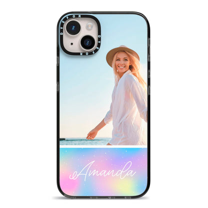 Personalised Unicorn Stars Photo iPhone 14 Plus Black Impact Case on Silver phone