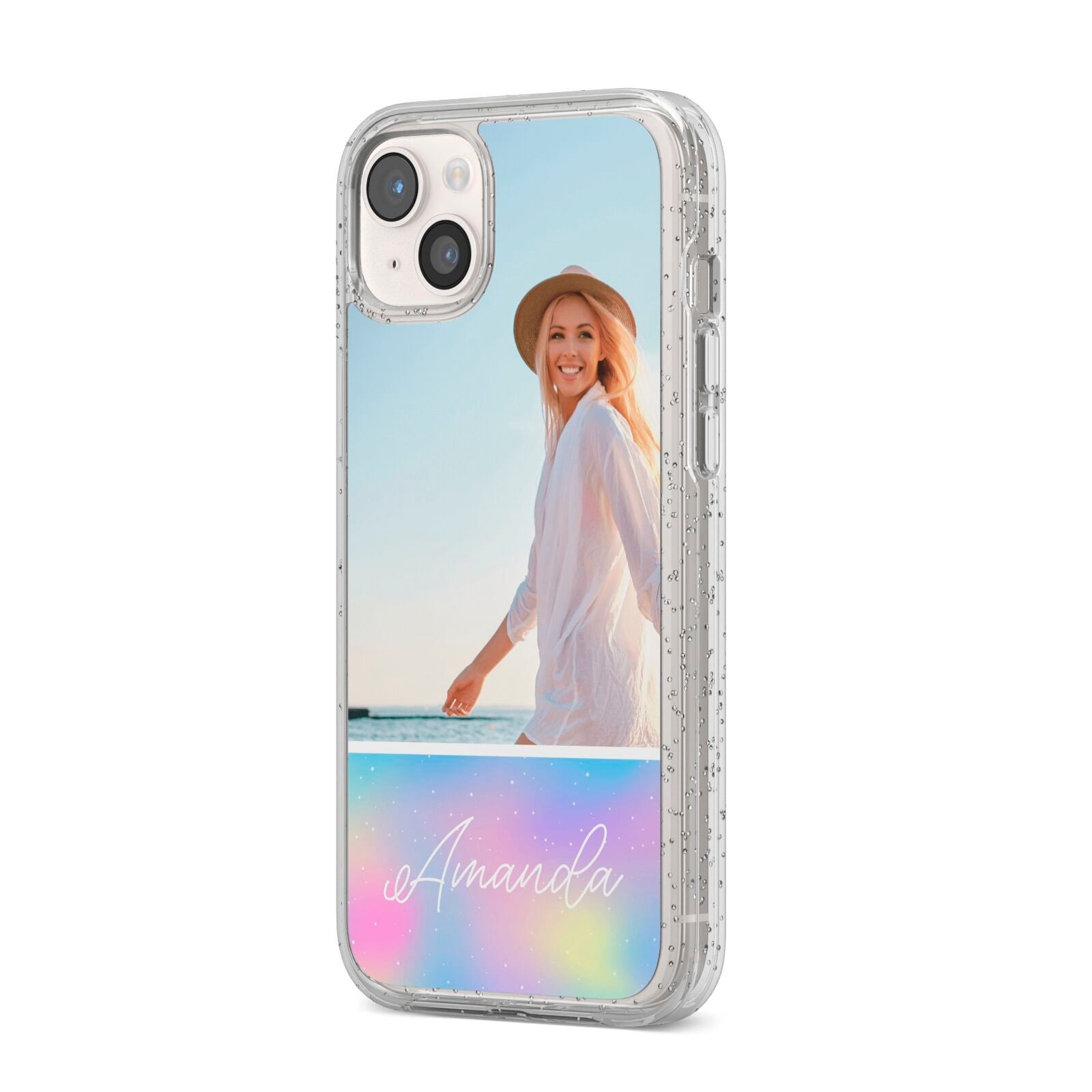 Personalised Unicorn Stars Photo iPhone 14 Plus Glitter Tough Case Starlight Angled Image