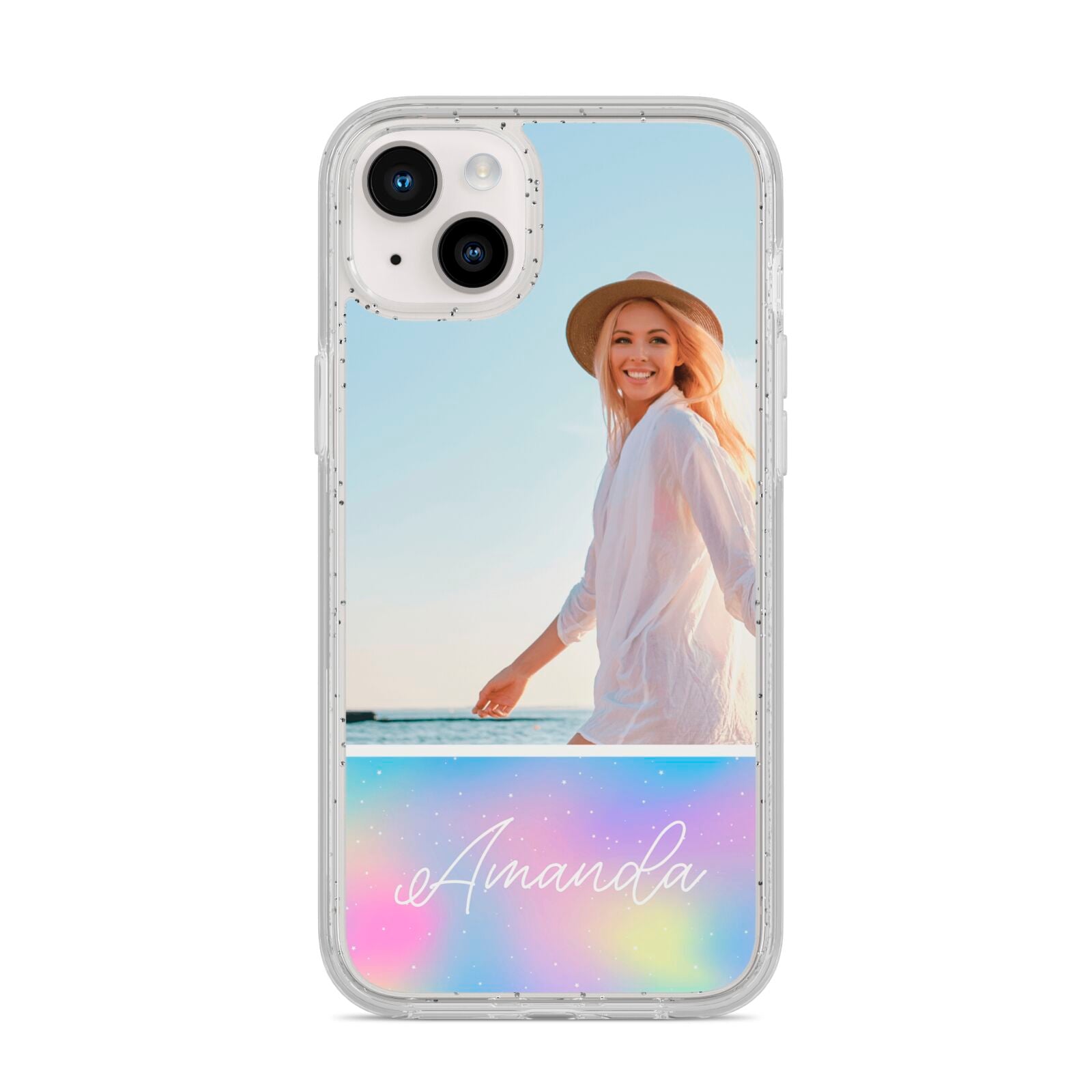 Personalised Unicorn Stars Photo iPhone 14 Plus Glitter Tough Case Starlight