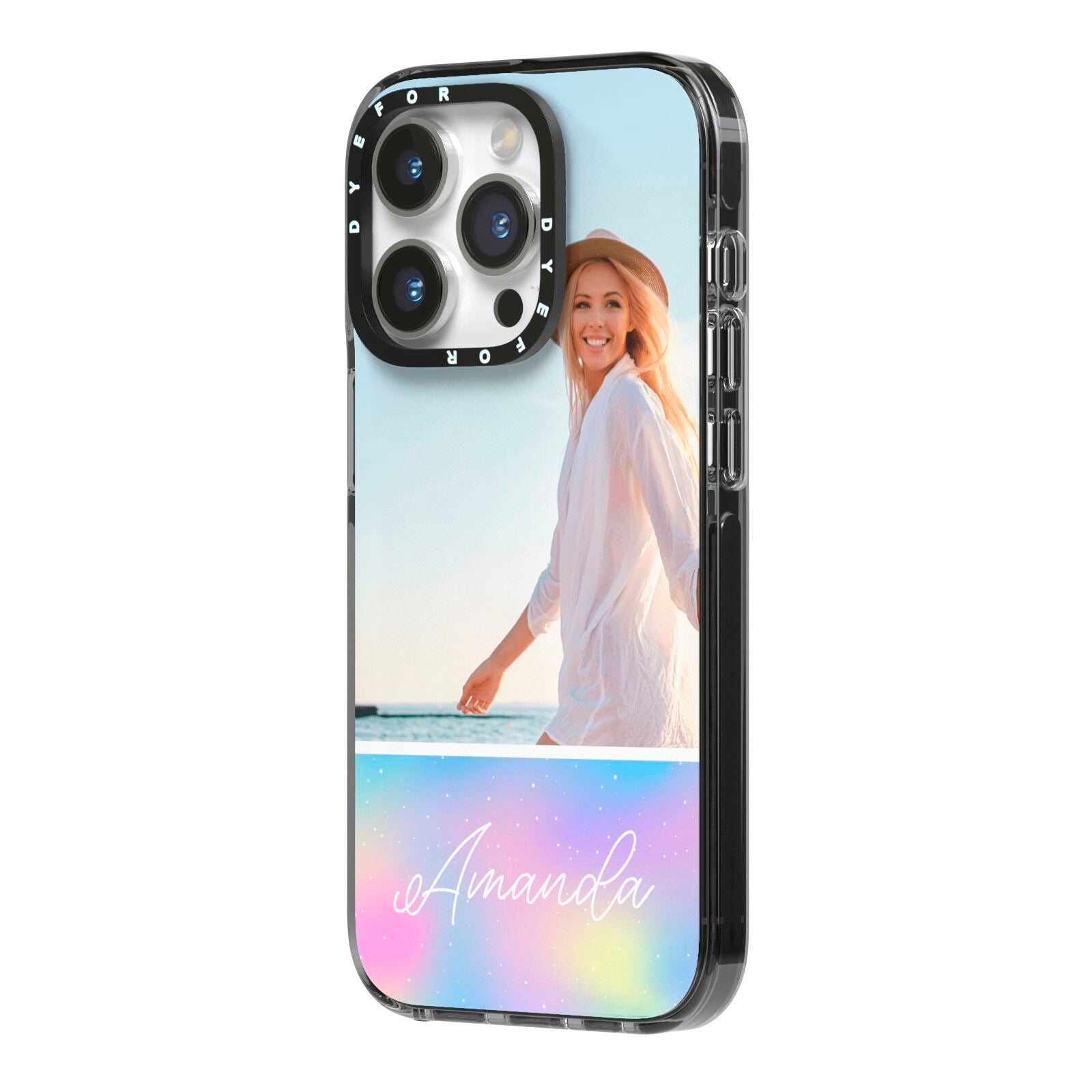 Personalised Unicorn Stars Photo iPhone 14 Pro Black Impact Case Side Angle on Silver phone