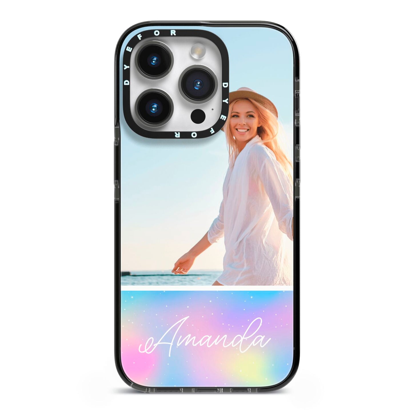 Personalised Unicorn Stars Photo iPhone 14 Pro Black Impact Case on Silver phone