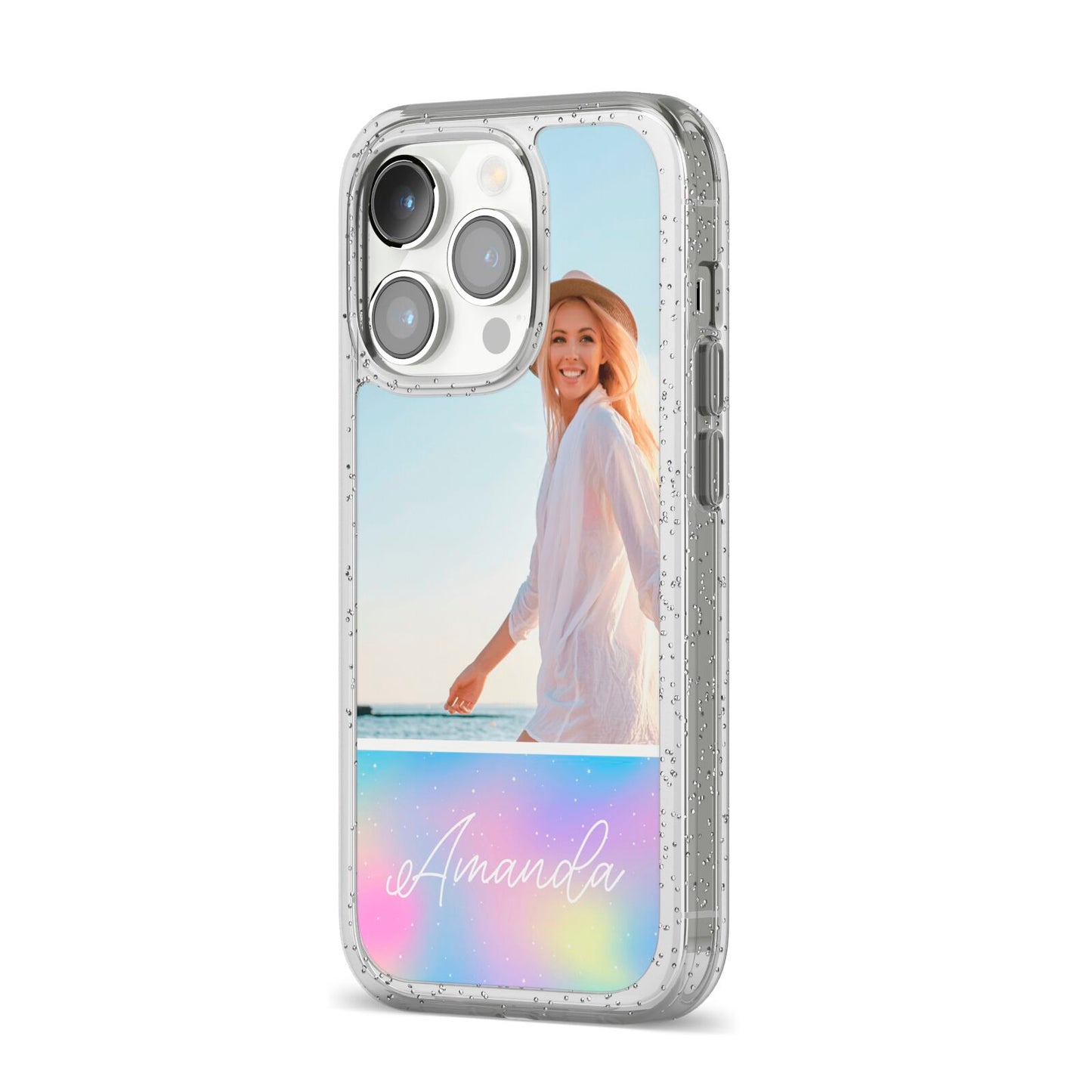 Personalised Unicorn Stars Photo iPhone 14 Pro Glitter Tough Case Silver Angled Image