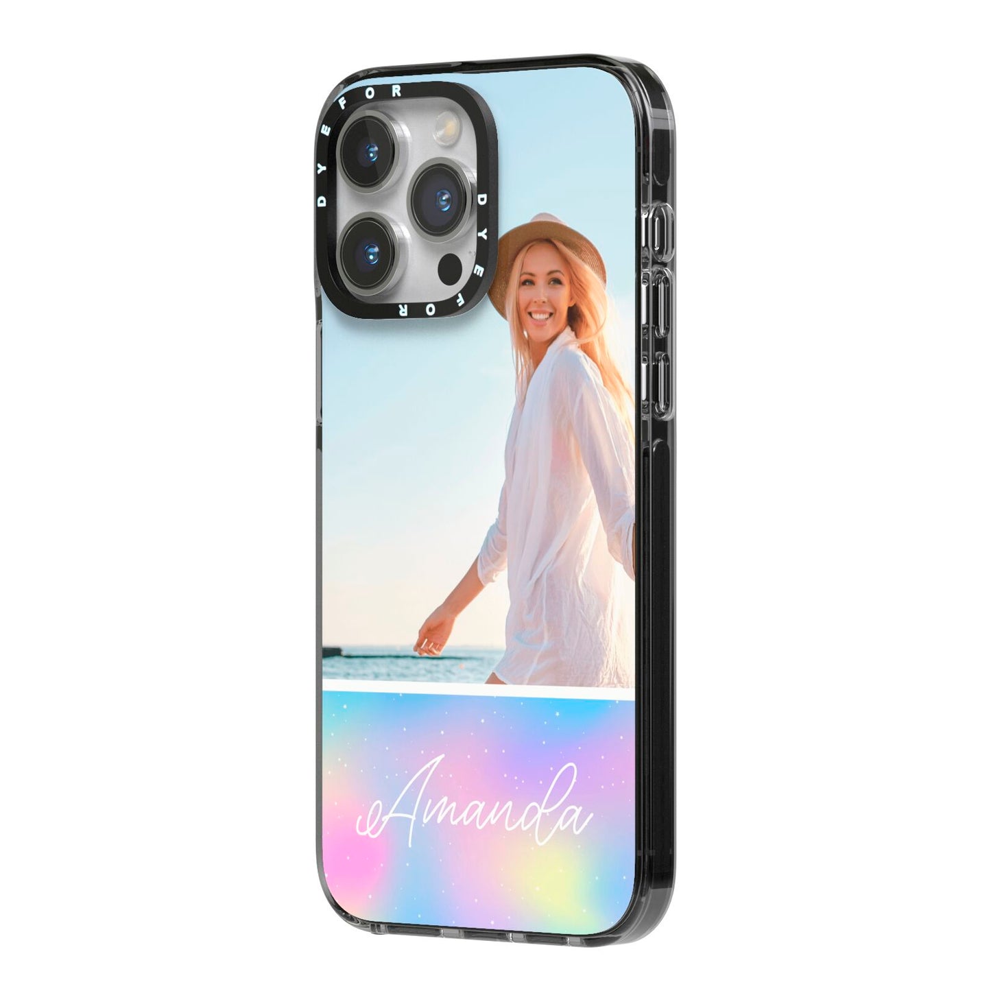 Personalised Unicorn Stars Photo iPhone 14 Pro Max Black Impact Case Side Angle on Silver phone