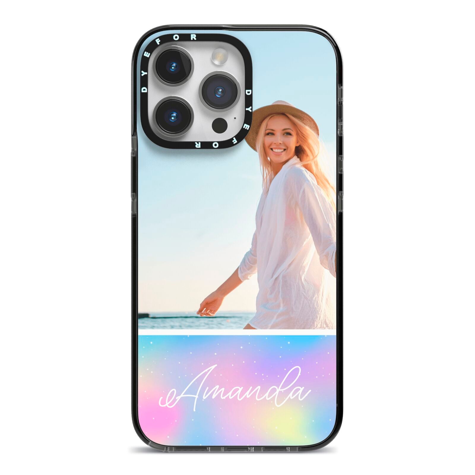 Personalised Unicorn Stars Photo iPhone 14 Pro Max Black Impact Case on Silver phone