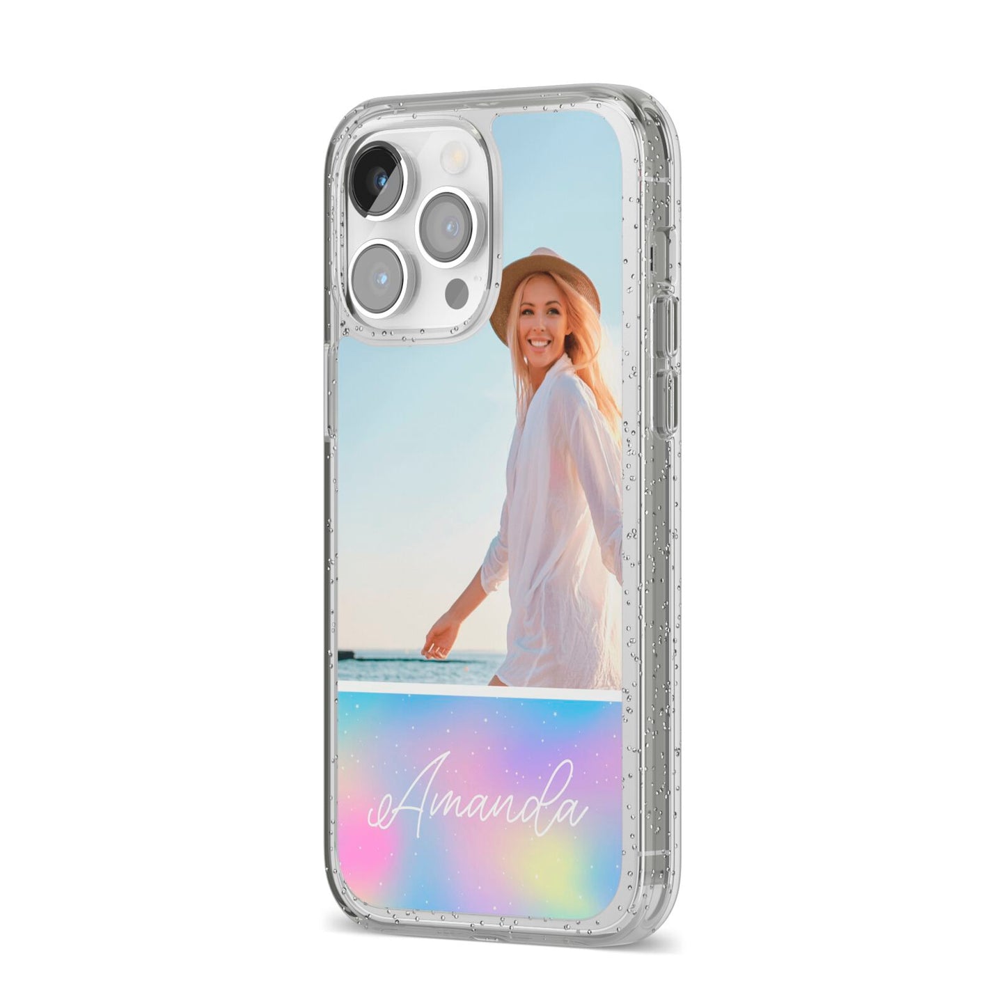 Personalised Unicorn Stars Photo iPhone 14 Pro Max Glitter Tough Case Silver Angled Image