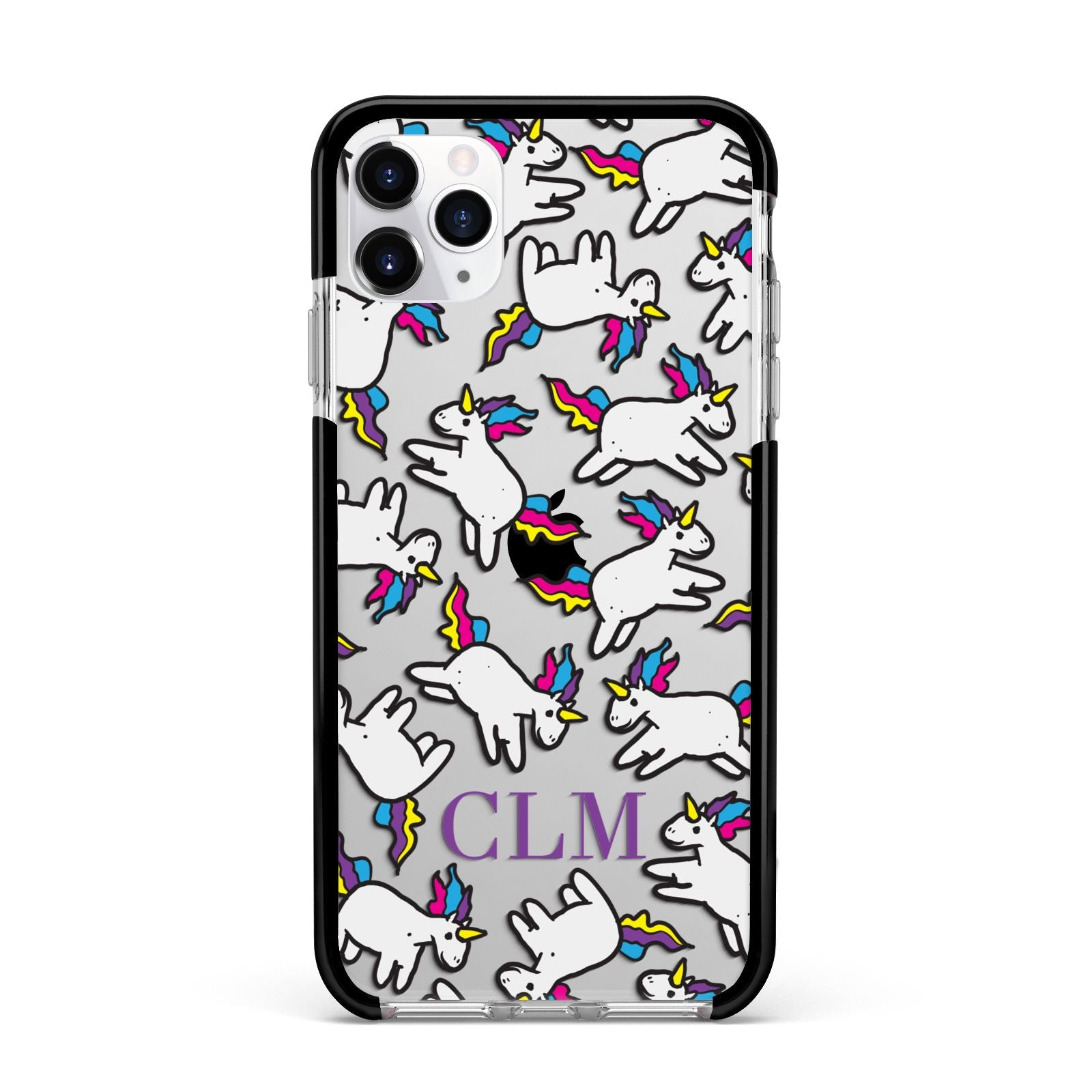 Personalised Unicorn With Initials Apple iPhone 11 Pro Max in Silver with Black Impact Case