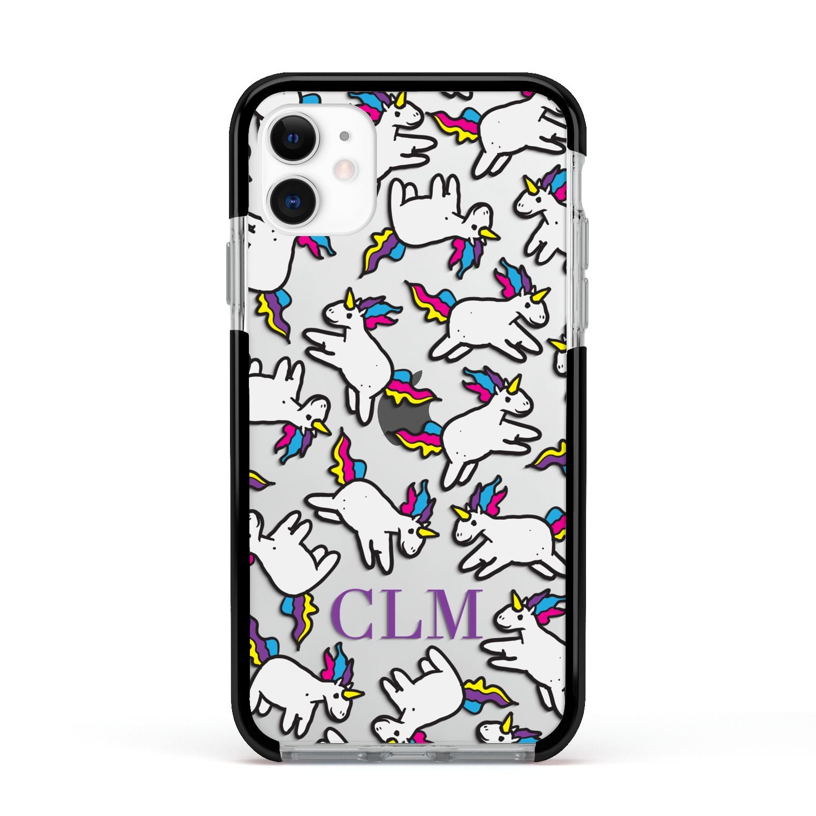 Personalised Unicorn With Initials Apple iPhone 11 in White with Black Impact Case