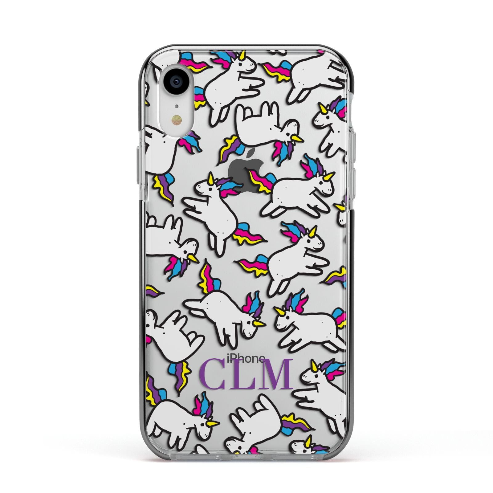 Personalised Unicorn With Initials Apple iPhone XR Impact Case Black Edge on Silver Phone
