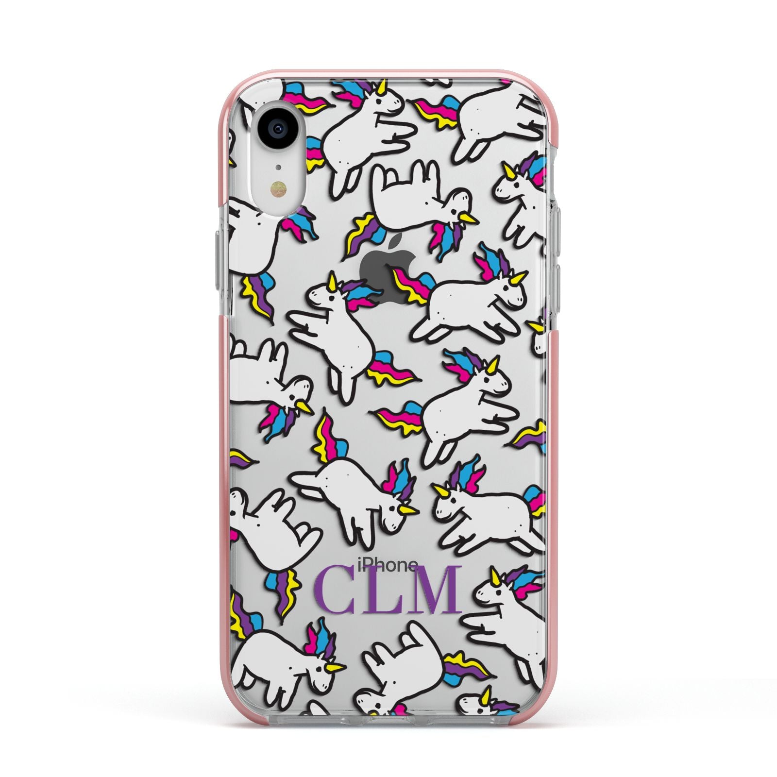 Personalised Unicorn With Initials Apple iPhone XR Impact Case Pink Edge on Silver Phone