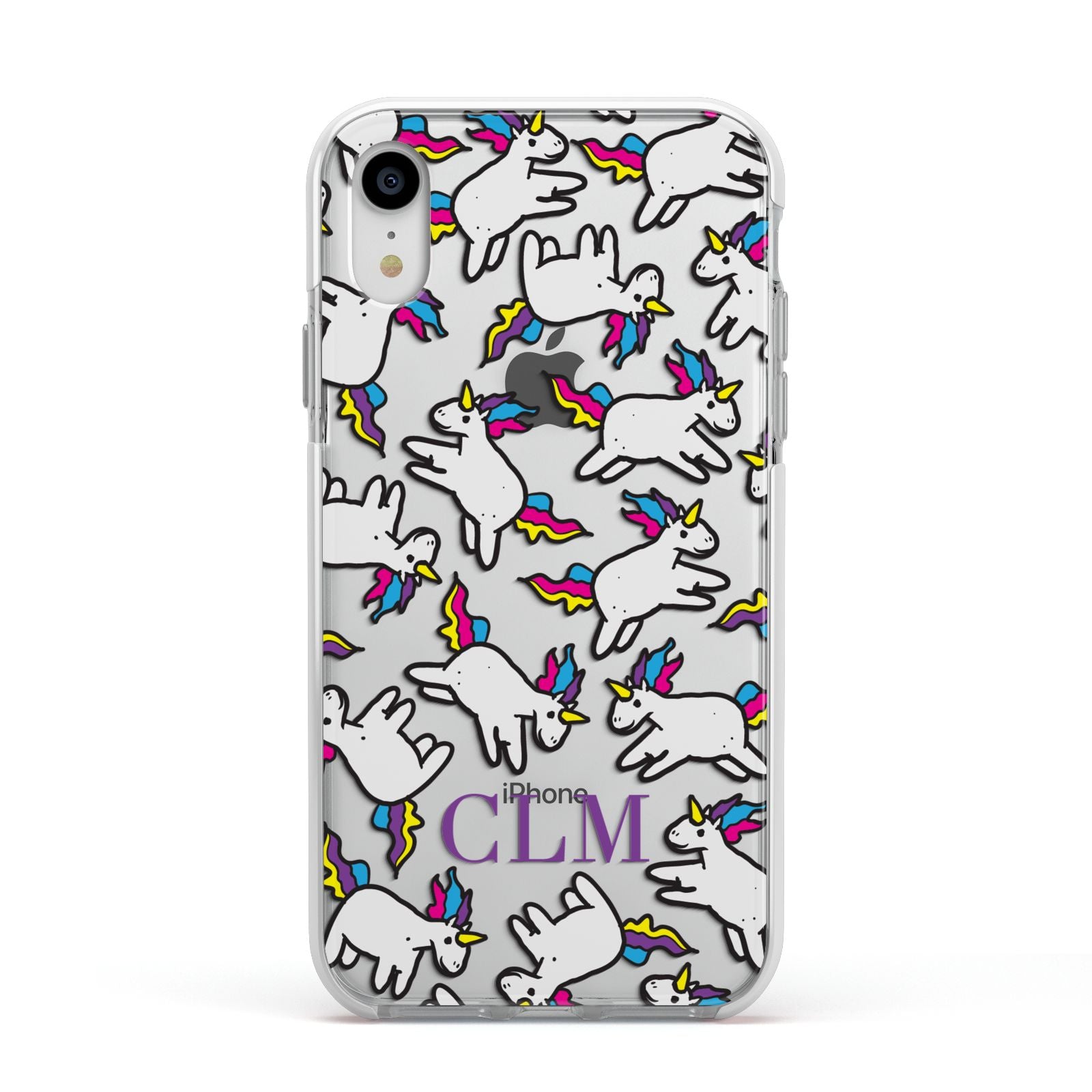 Personalised Unicorn With Initials Apple iPhone XR Impact Case White Edge on Silver Phone
