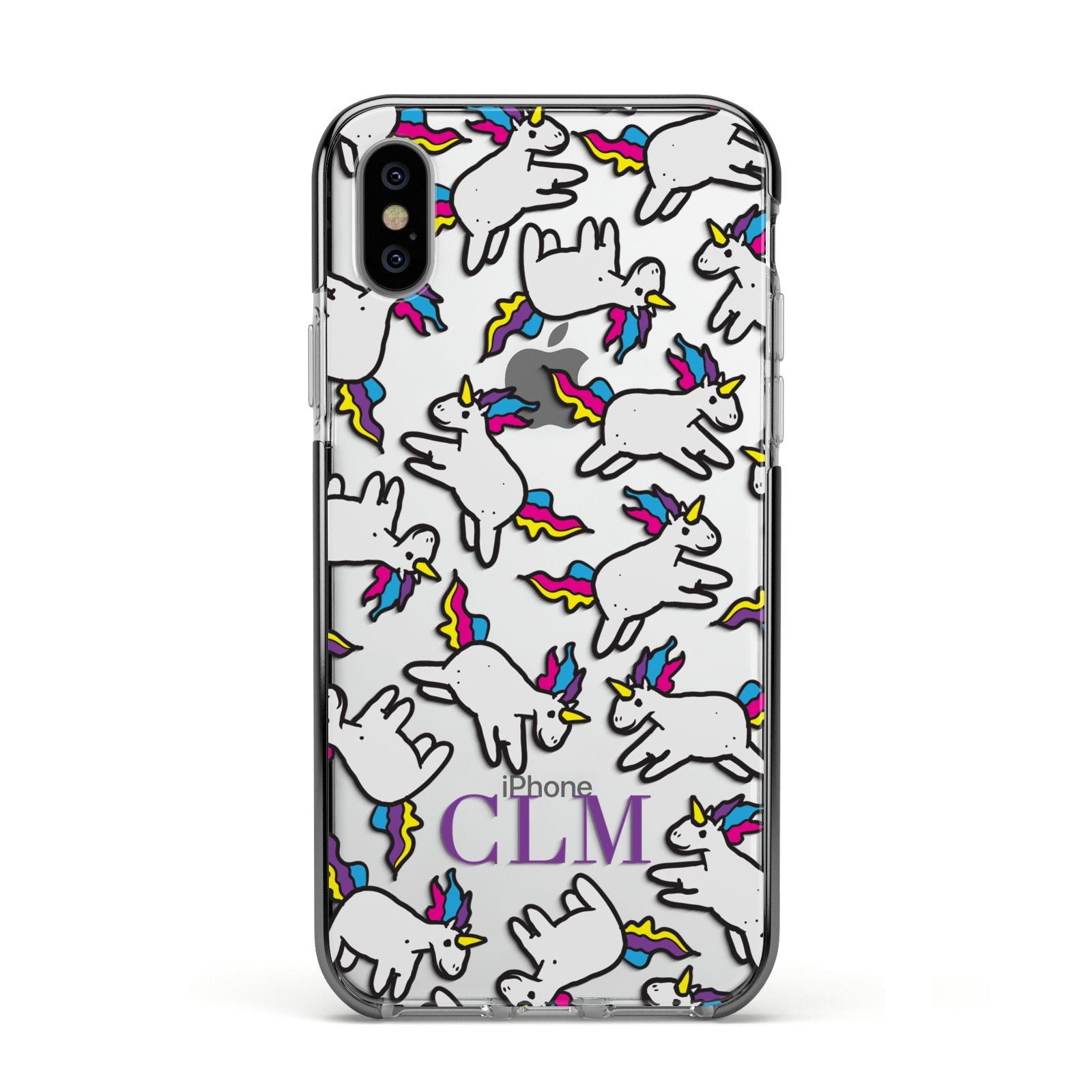 Personalised Unicorn With Initials Apple iPhone Xs Impact Case Black Edge on Silver Phone