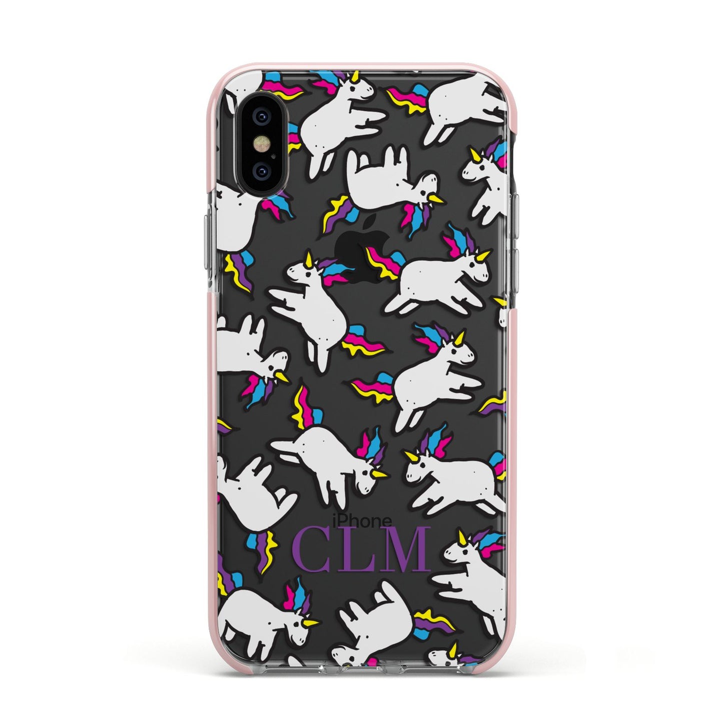 Personalised Unicorn With Initials Apple iPhone Xs Impact Case Pink Edge on Black Phone