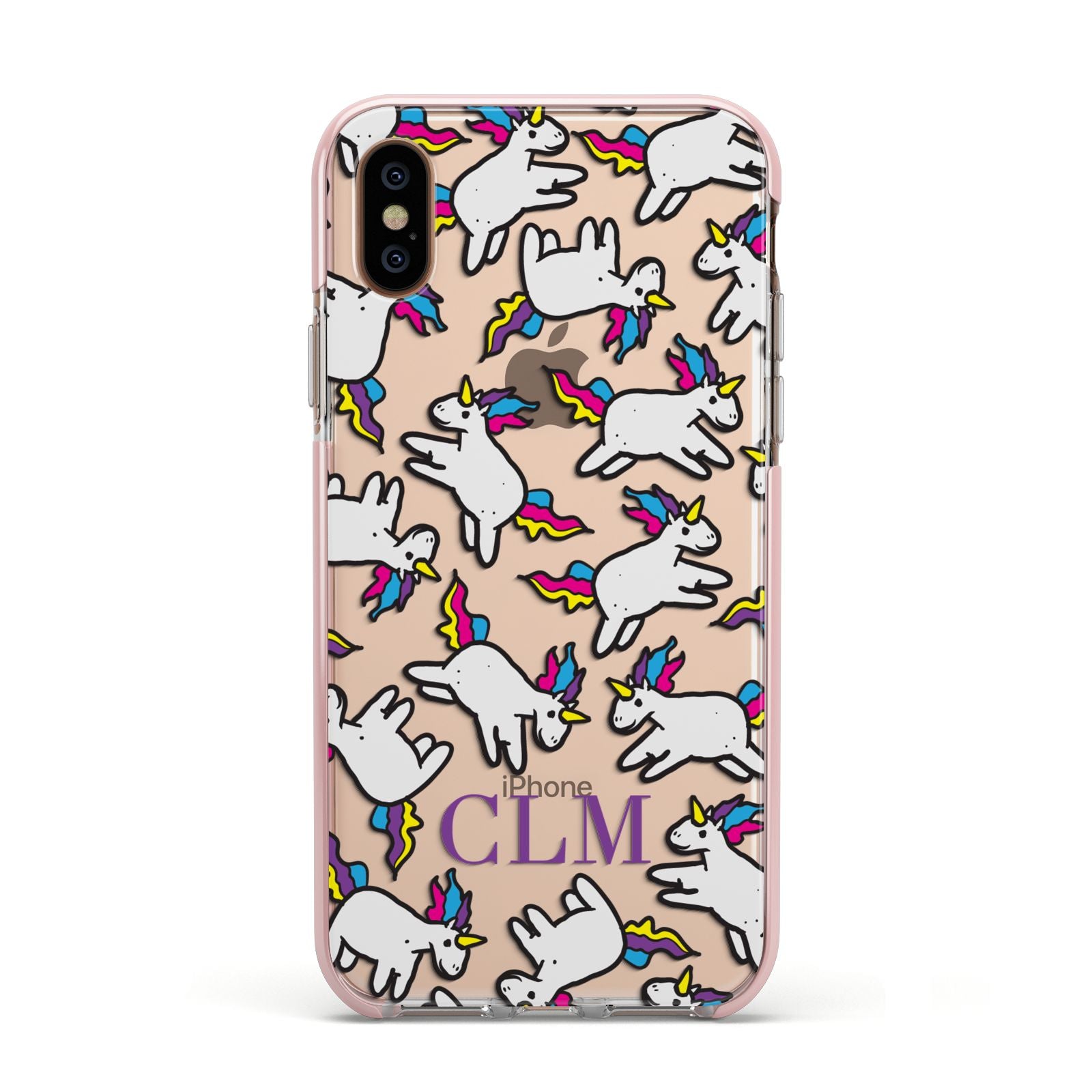 Personalised Unicorn With Initials Apple iPhone Xs Impact Case Pink Edge on Gold Phone