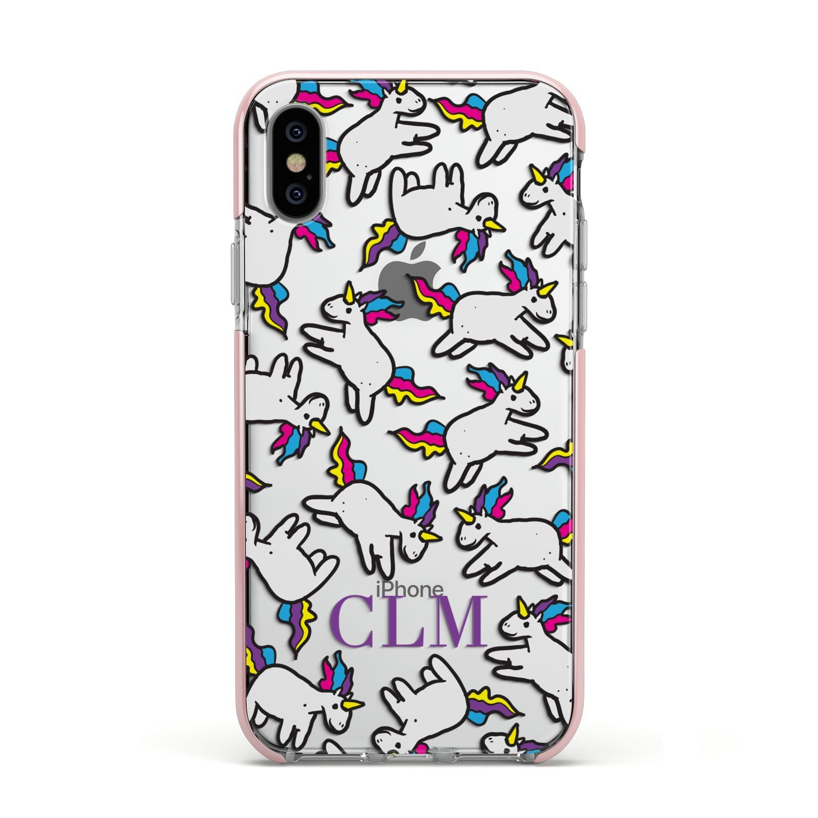 Personalised Unicorn With Initials Apple iPhone Xs Impact Case Pink Edge on Silver Phone