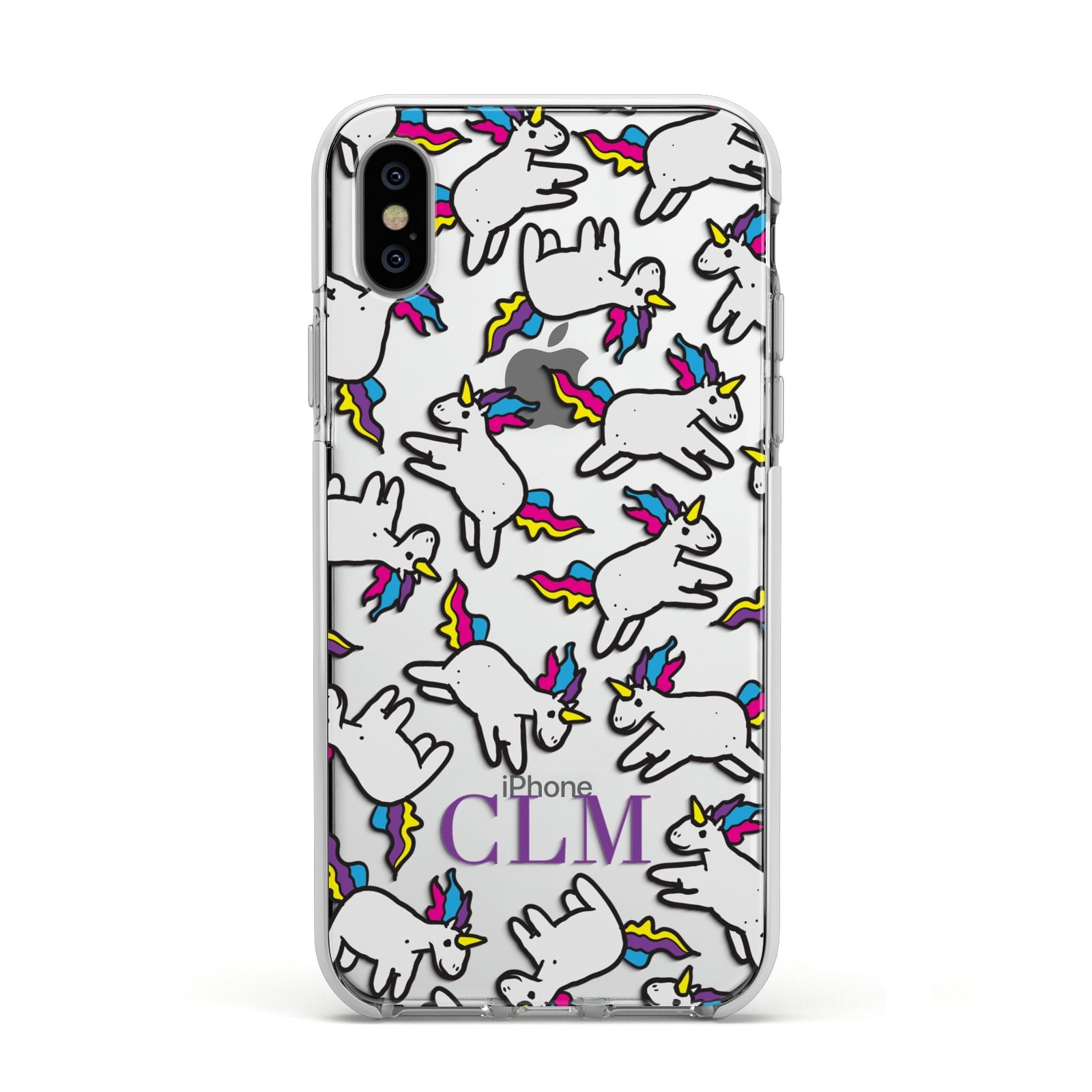 Personalised Unicorn With Initials Apple iPhone Xs Impact Case White Edge on Silver Phone