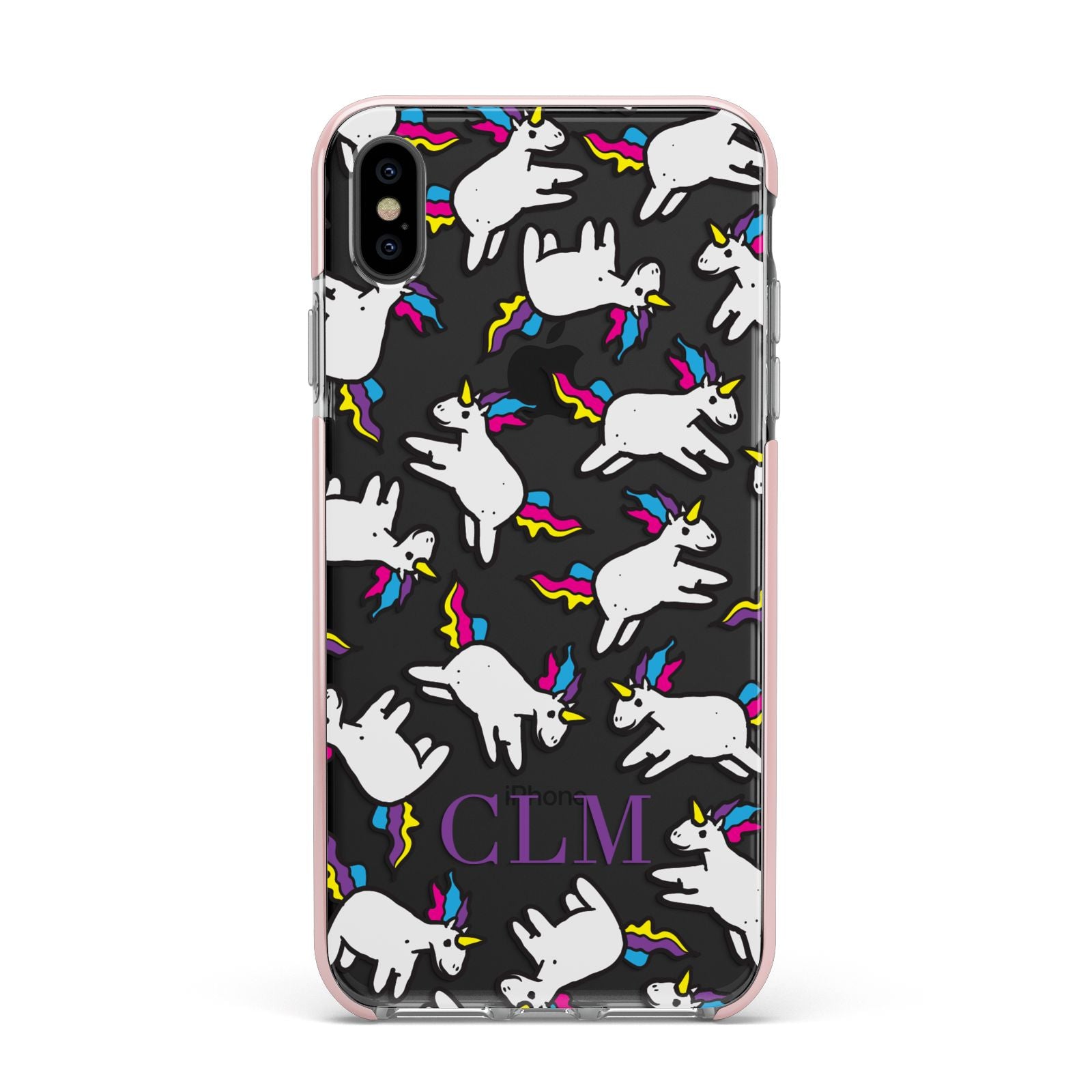 Personalised Unicorn With Initials Apple iPhone Xs Max Impact Case Pink Edge on Black Phone