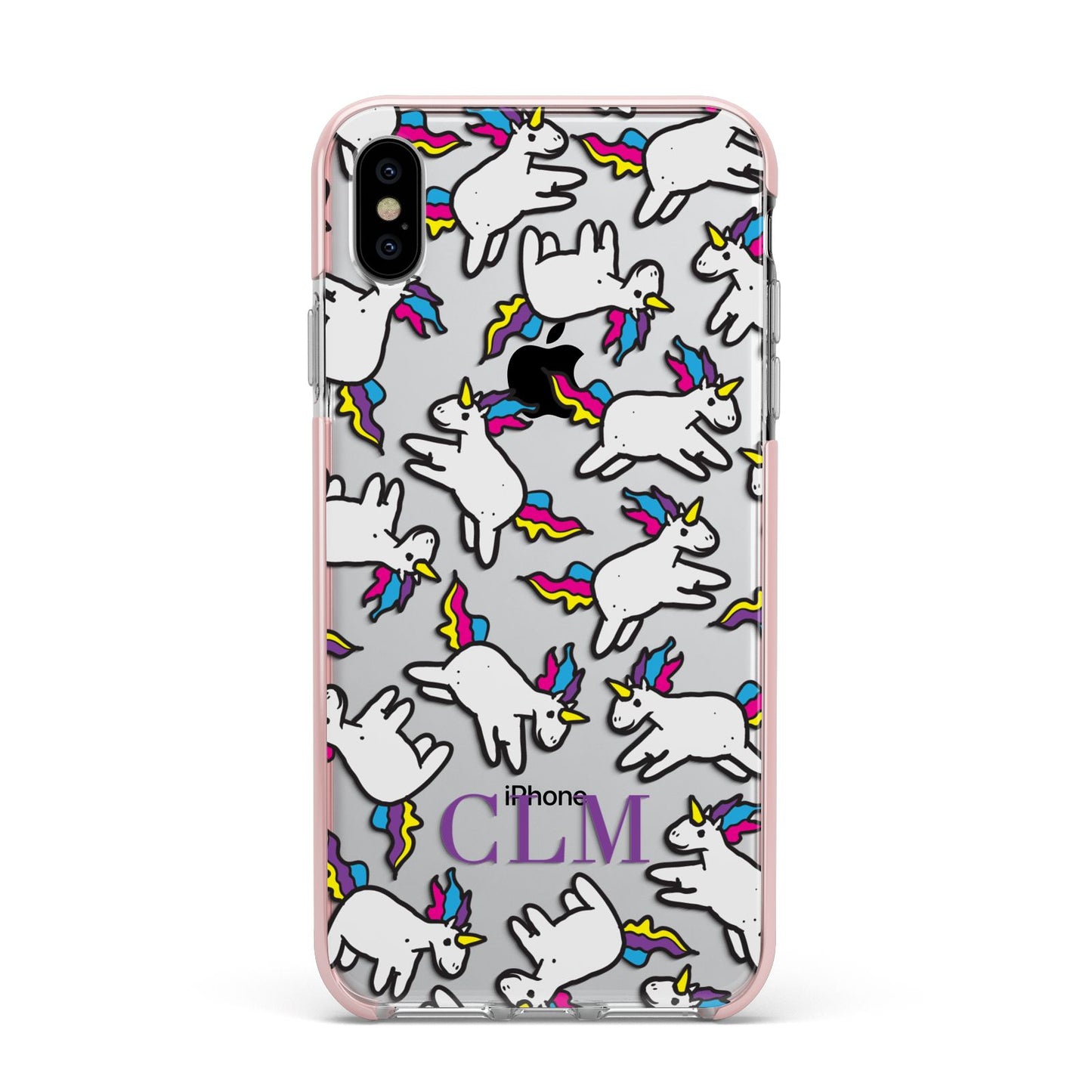 Personalised Unicorn With Initials Apple iPhone Xs Max Impact Case Pink Edge on Silver Phone